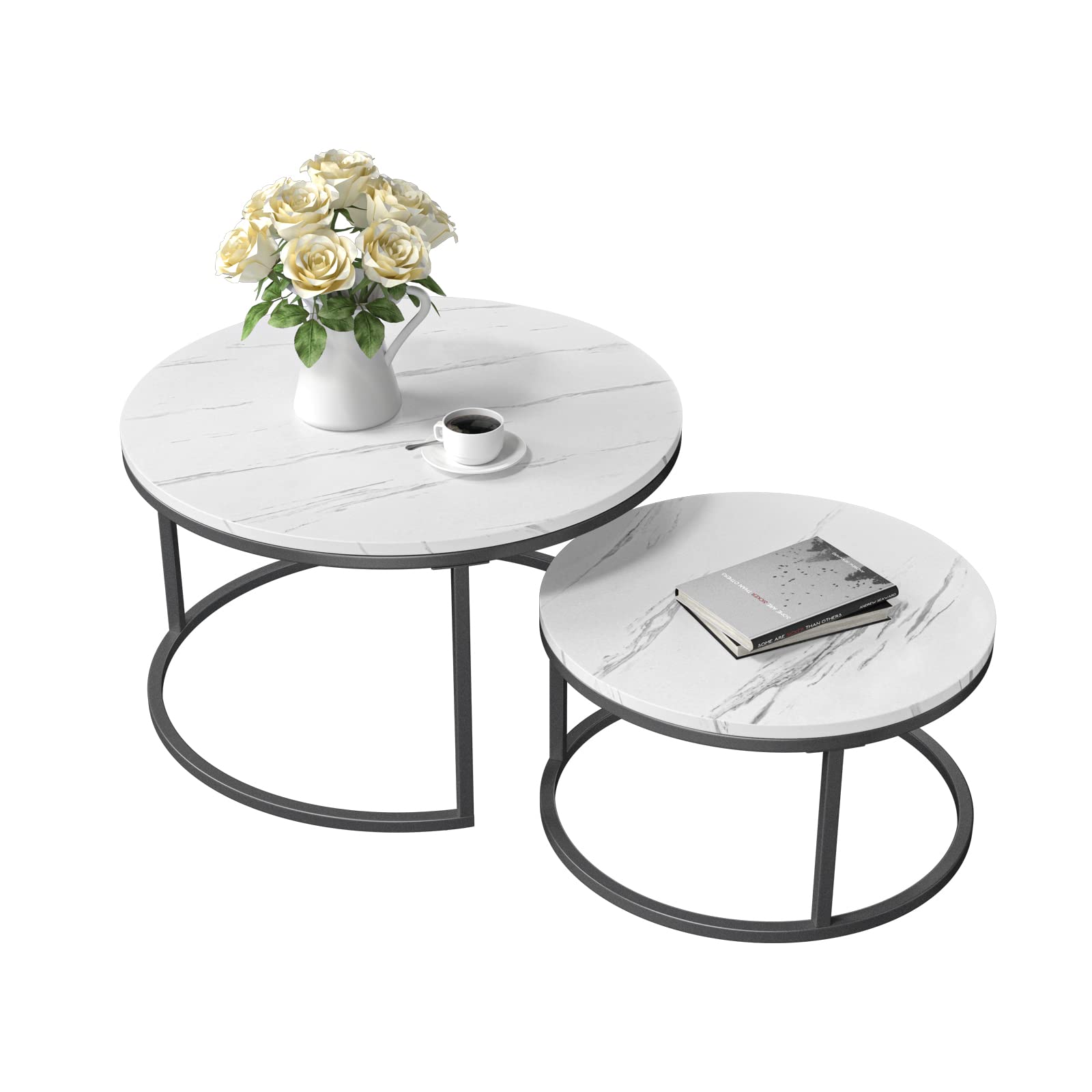 Modern Round Nesting Coffee Table Set of 2 - Faux Marble Top & Black Metal Frame - White Side Tables for Living Room, Apartment, Office - Perfect for Small Spaces & Stylish Home Decor
