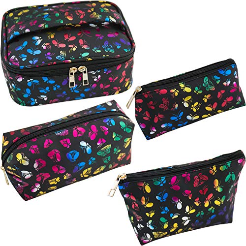 4 Pack Black Butterfly Makeup Bags - Waterproof Travel Toiletry Organizer for Cosmetics | Portable Cosmetic Pouch for Women, Girls & Men | Perfect for Travel, Gym, Daily Use & Gift Giving