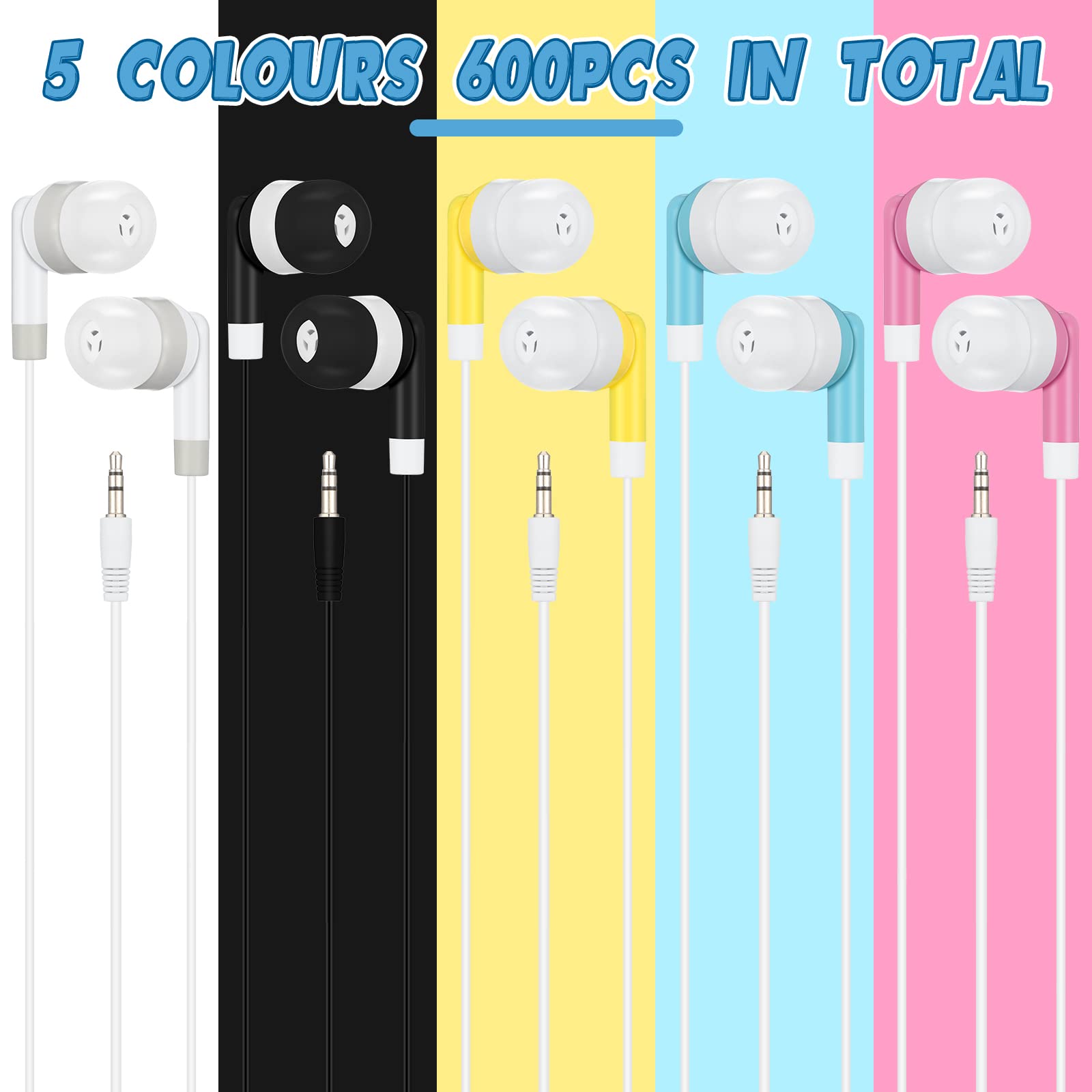 Xuhal 600 Packs Bulk Wired Earbuds Headphones - Colorful Classroom Earphones for Kids & Adults - Compatible with Smartphones, Laptops - Perfect for School, Library, Online Learning & Travel