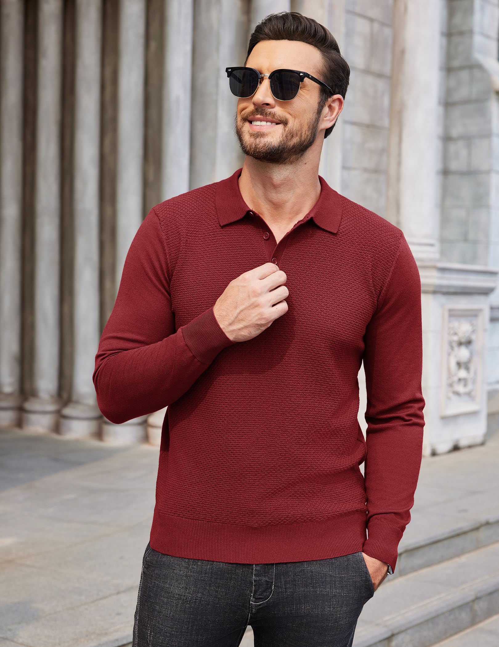 COOFANDY Men's Knit Polo Sweater - Long Sleeve Casual Button Down Collar Shirt for Golf & Business | Waffle Textured Warm Pullover for Fall & Winter Outfits