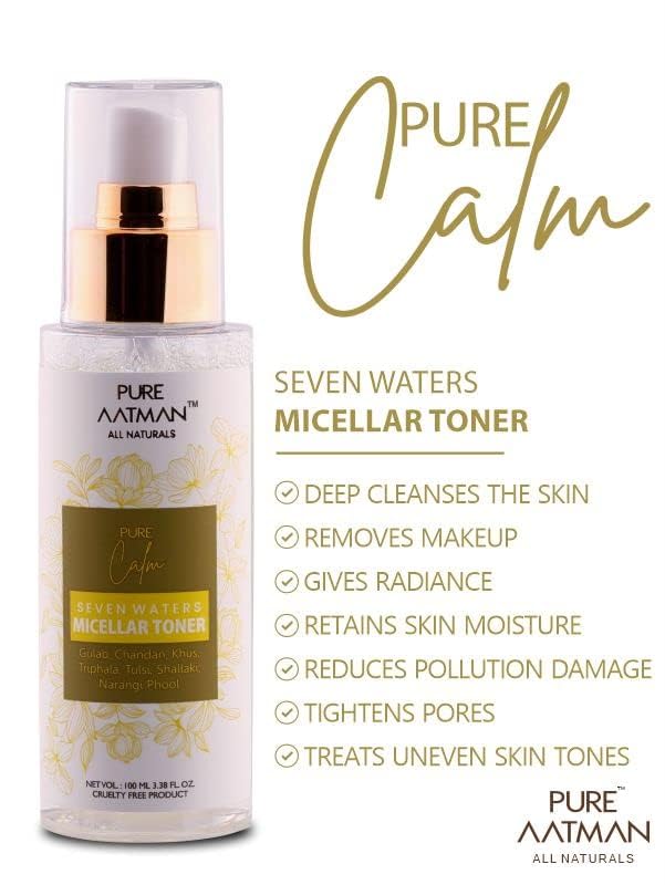 Pure Aatman Seven Water Micellar Toner - Gentle Makeup Remover & Hydrating Facial Toner for Acne & Dry Skin - Dermatologist Tested, Deep Cleansing to Remove 100% Dirt & Impurities, 100ml - Perfect for Daily Skincare Routine & Travel-Friendly Beauty Essential