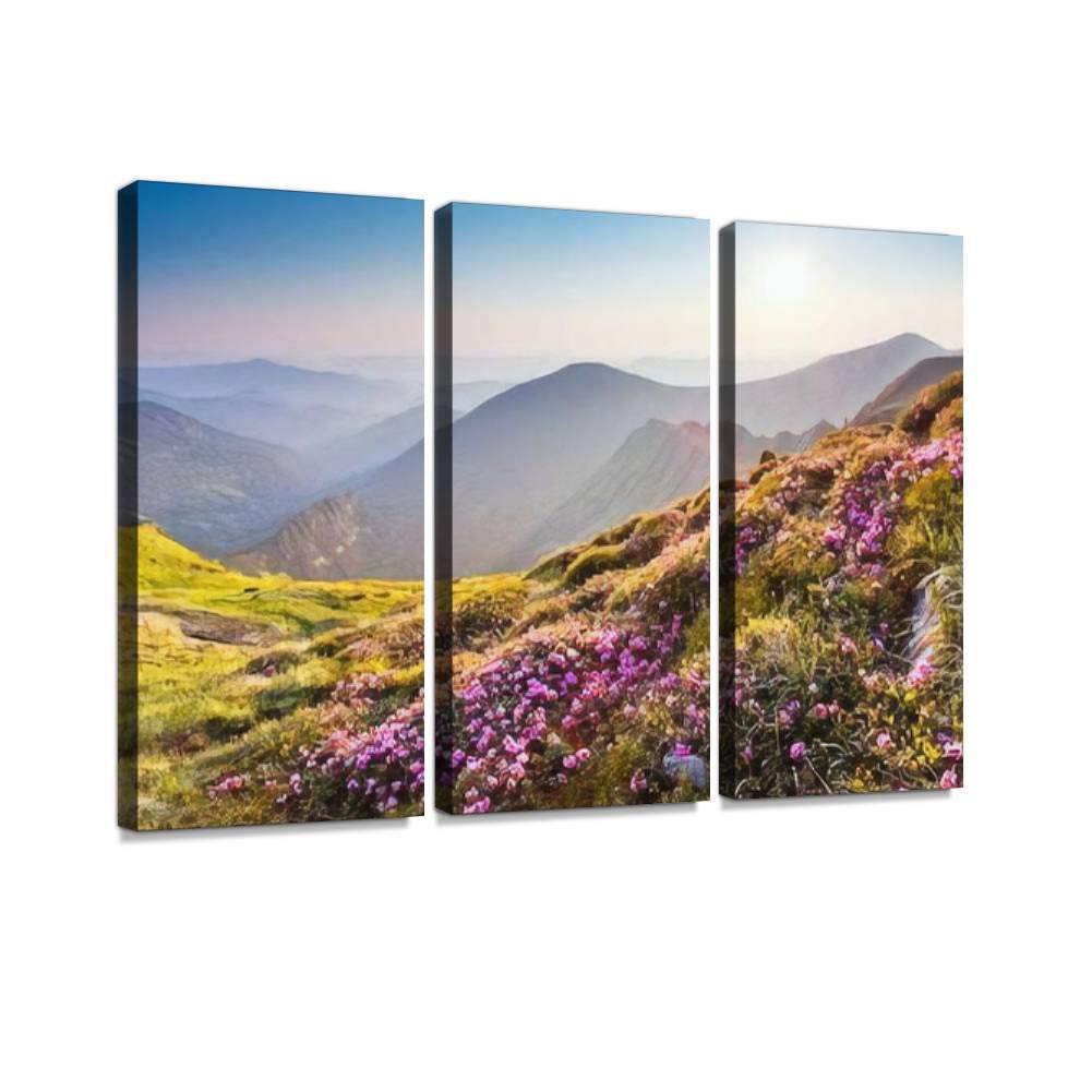 Vibrant Pink Rhododendron Flowers Summer Mountain Canvas Wall Art - 3 Panel Paintings for Living Room & Bedroom Decor - Nature Inspired Home Wall Decor Posters - Perfect for Housewarming Gifts & Farmhouse Style Interiors