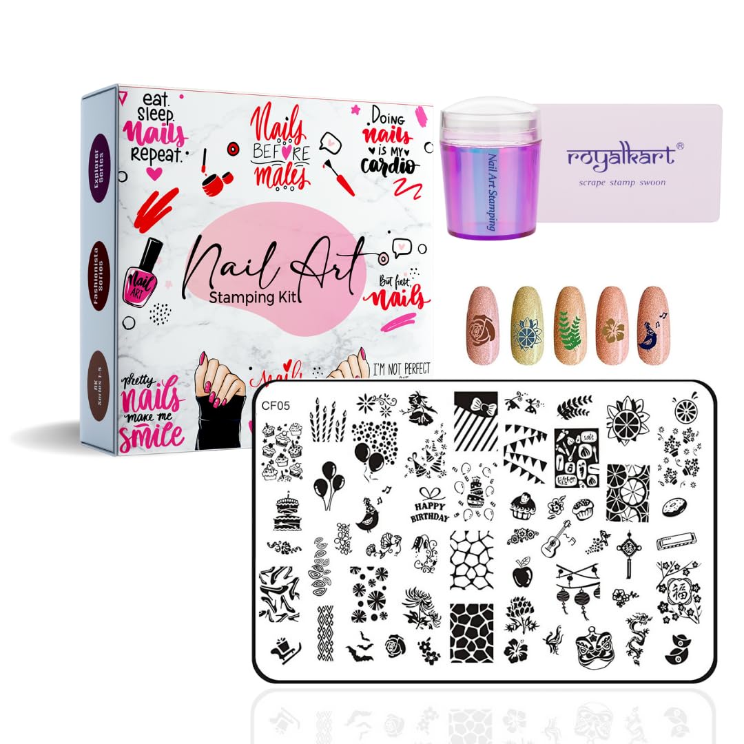 RoyalKart Professional Nail Art Kit for Women - 10PCS Nail Stamping Plates with Silicone Stamper & Scraper - DIY Manicure Design Tools (CF05) for Home Salon, Party Nail Art & Gift Ideas