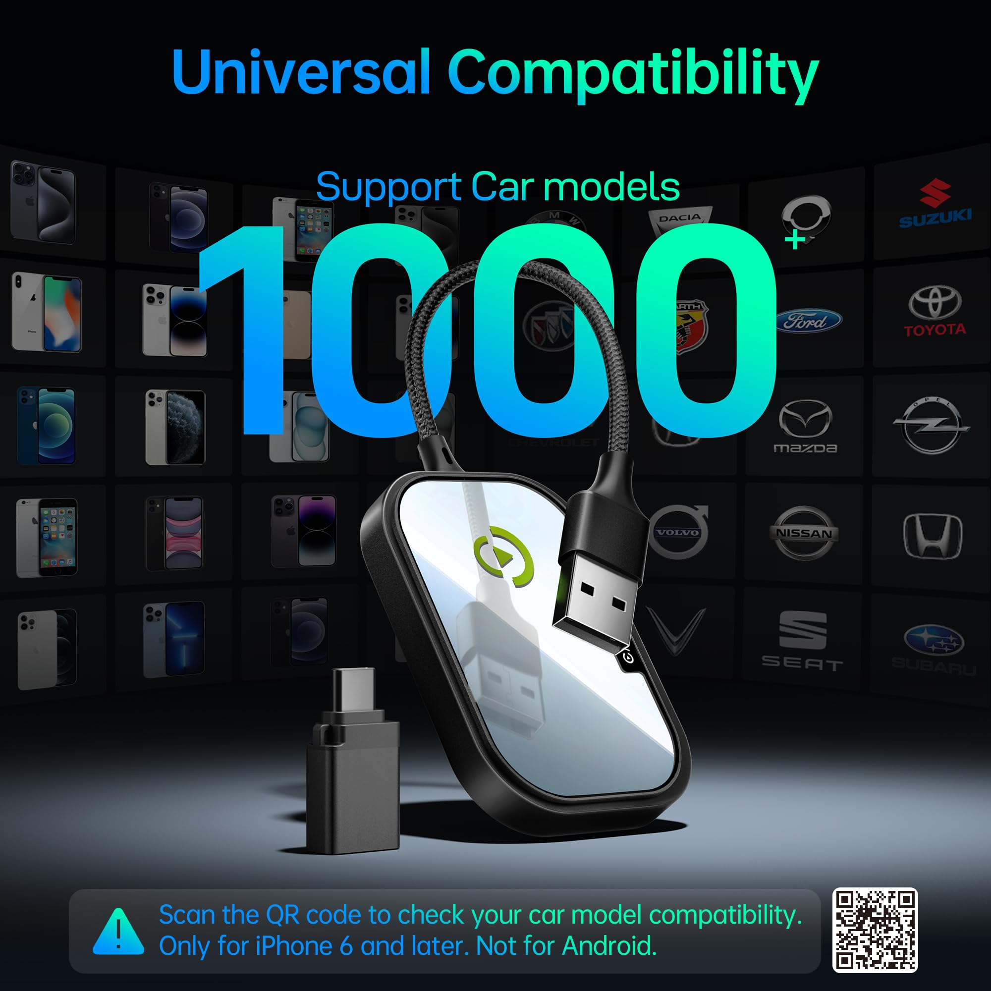 2024 Upgraded Wireless CarPlay Adapter for Apple iPhone - Convert Factory Wired to Wireless CarPlay | Plug & Play Auto Connect | Fast & Easy Setup | Compatible with 2017+ Cars & iPhone iOS | Dark Black | Perfect for Commuting, Road Trips & Hands-Free Driving