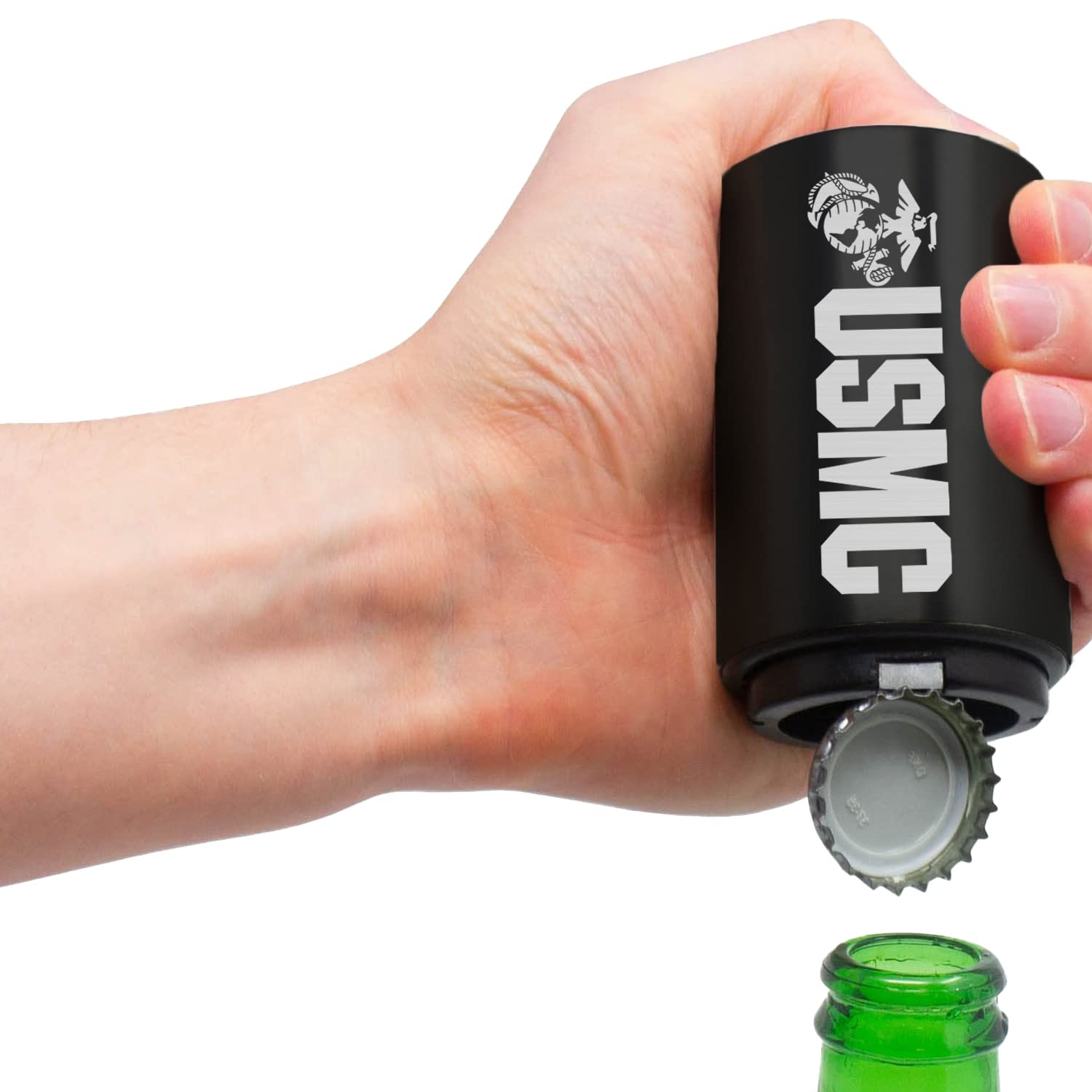 USMC Push Down-Pop Off Beer Bottle Opener with Magnetic Cap Catcher - Automatic Bottle Opener for Beer & Soda - Cool Bartender Gadget for Home Bars, Parties & Outdoor BBQs