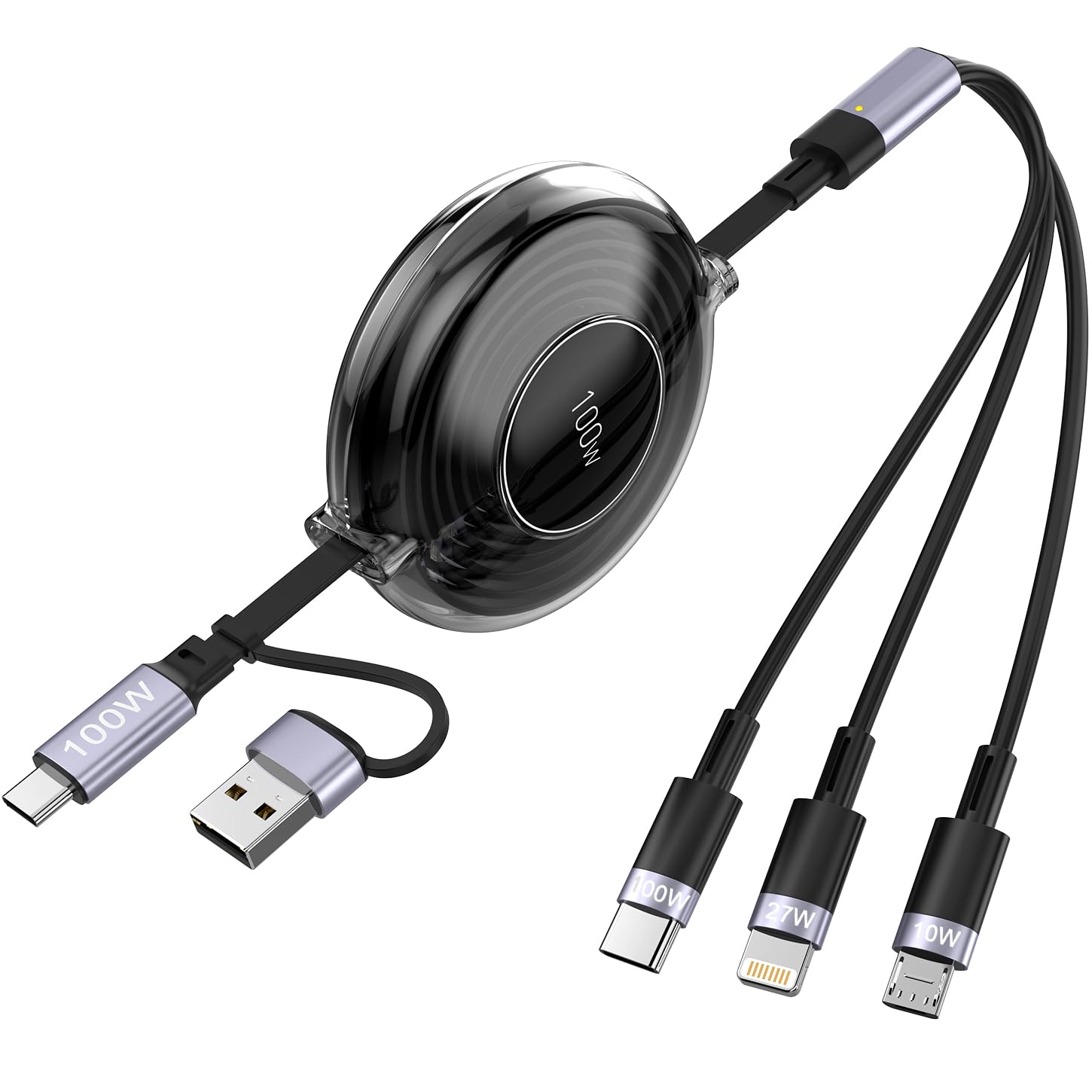 3-in-1 Retractable Multi Charging Cable - 100W Fast Charging USB C to Lightning/USB C/Micro USB Cord for iPhone 16/15 Pro Max, Samsung Galaxy S23, MacBook Air, iPad Pro - Perfect for Travel, Office & Home Charging (Black)