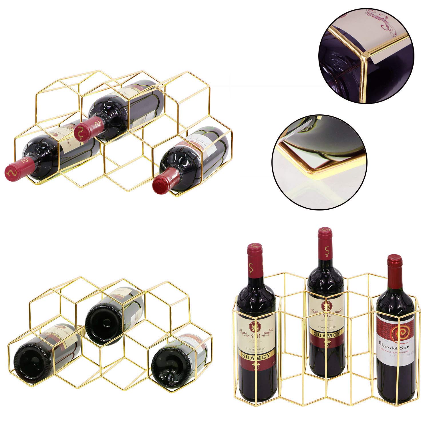 9 Bottle Metal Wine Rack - Freestanding Tabletop or Countertop Wine Storage Holder in Gold - Perfect for Kitchen, Bar, Dining Room, and Home Decor