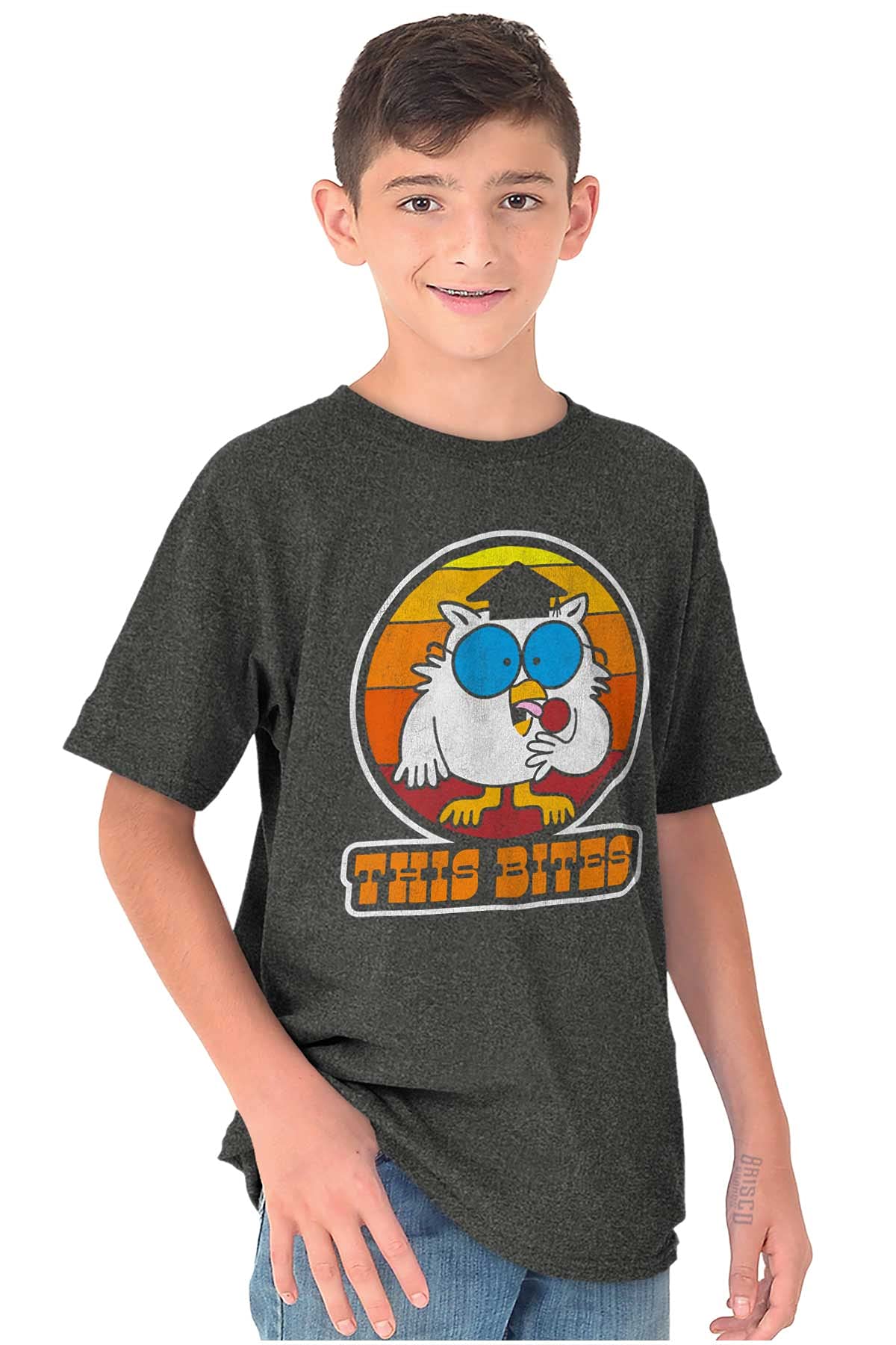 Funny Mr Owl Tootsie Pop Crewneck T-Shirt for Boys & Girls - Cute Cartoon Graphic Tee for School, Casual Wear & Family Outings