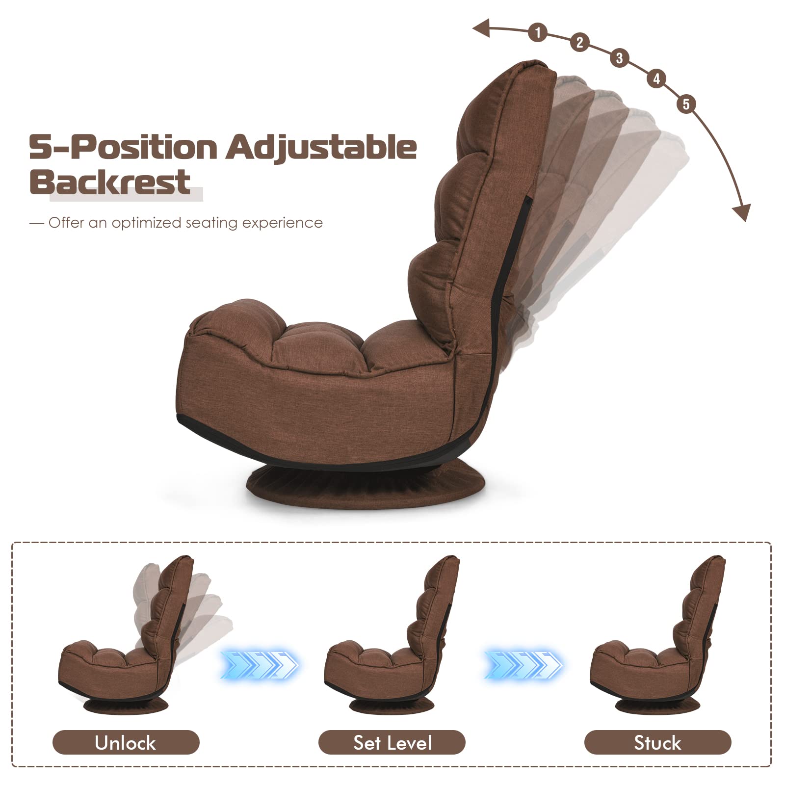 COSTWAY Folding Floor Chair - Adjustable 5-Position Gaming & Lounge Chair with 360° Swivel, Removable Cover & Padded Backrest - Multi-Purpose Seating for Living Room, TV Watching, Reading & Gaming - Perfect for Small Spaces, Dorm Rooms & Coffee Breaks