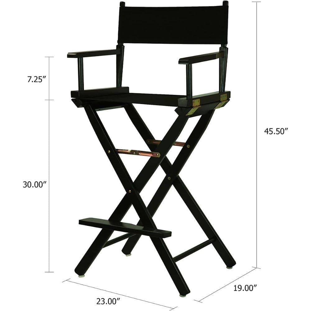 30-Inch Foldable Director’s Chair - Solid Wood Bar Height Stool with Black Canvas Seat - Portable Tall Chair for Home, Kitchen, Counter, Patio & Events - Sturdy Black Frame - Perfect for Outdoor Dining, Camping & Picnics