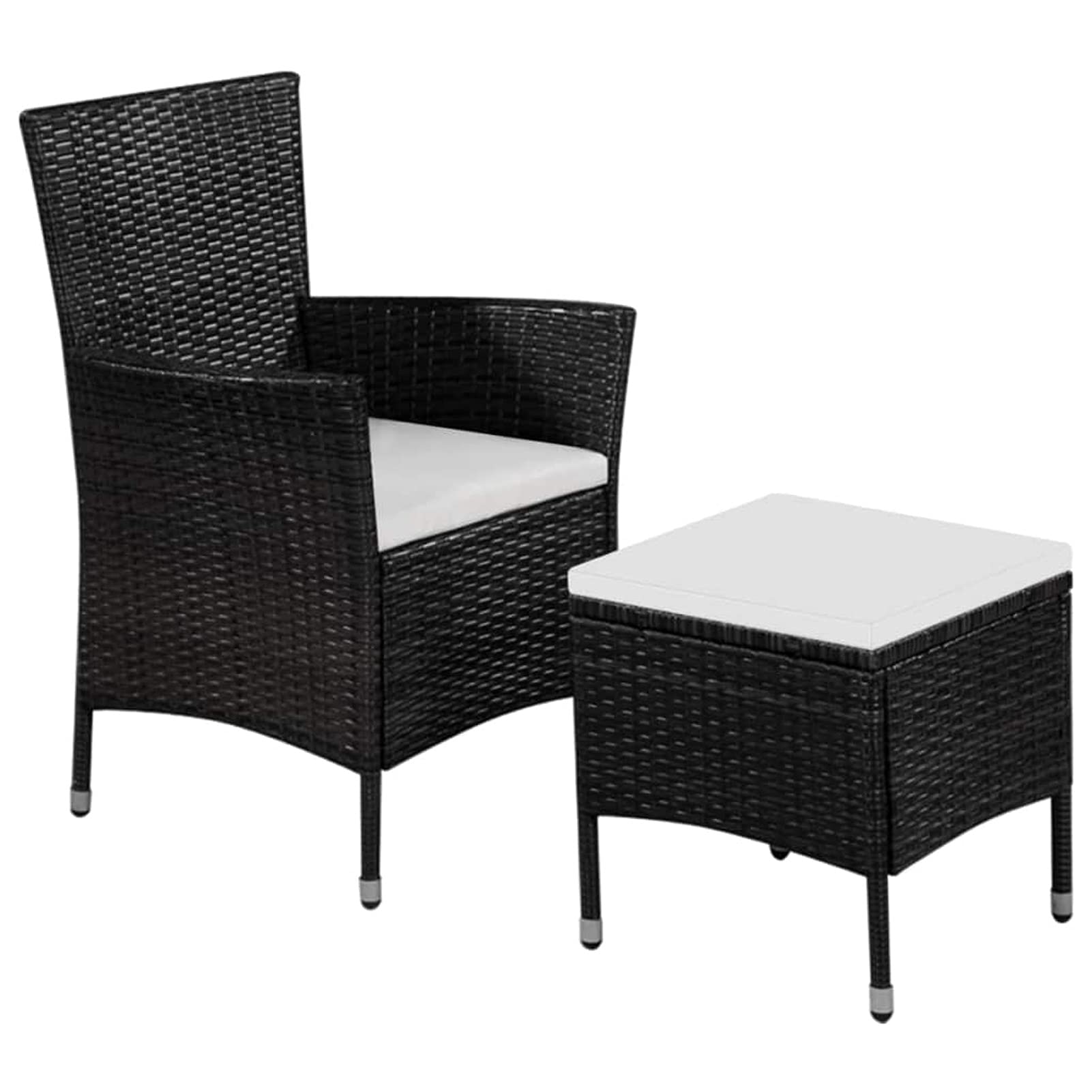 Premium Black Poly Rattan Garden Chair Set with Stool & Cushions - Patio Armchair with Footrest for Outdoor Relaxation in Backyard, Balcony or Poolside | Durable Weather-Resistant Outdoor Furniture for Lounging, Entertaining & Sunbathing