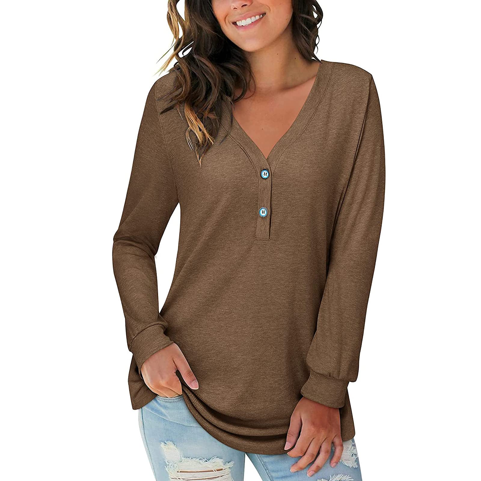CHARMAP Women's Long Sleeve V-Neck Button Down Casual Blouse - Loose Fit Henley T-Shirt Top for Women | Perfect for Work, Date Night & Everyday Wear