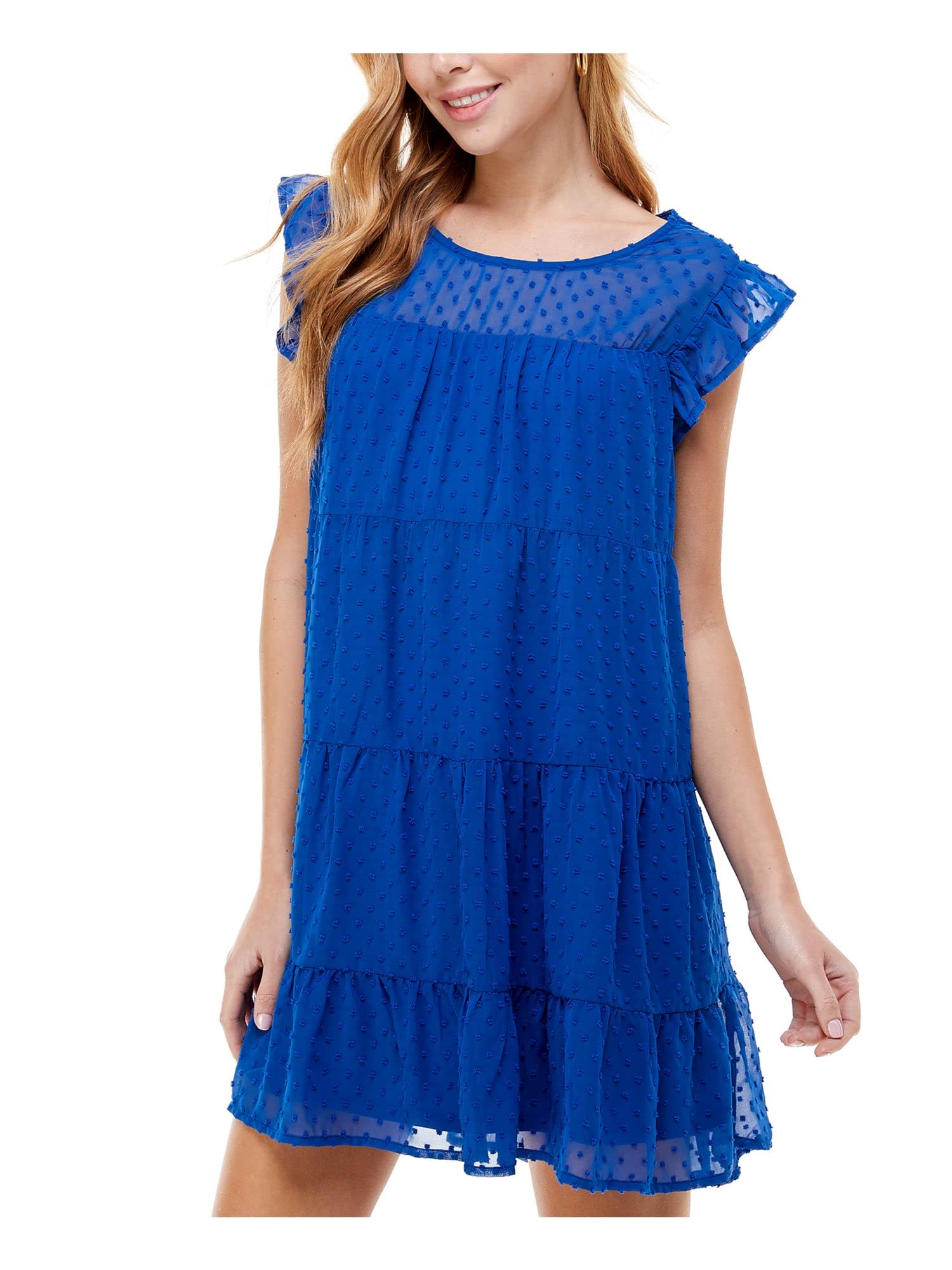 CRYSTAL DOLLS Women's Blue Textured Flutter Sleeve Mini Dress - Crew Neck Babydoll Style for Juniors (XS) - Perfect for Parties, Dates & Summer Outfits