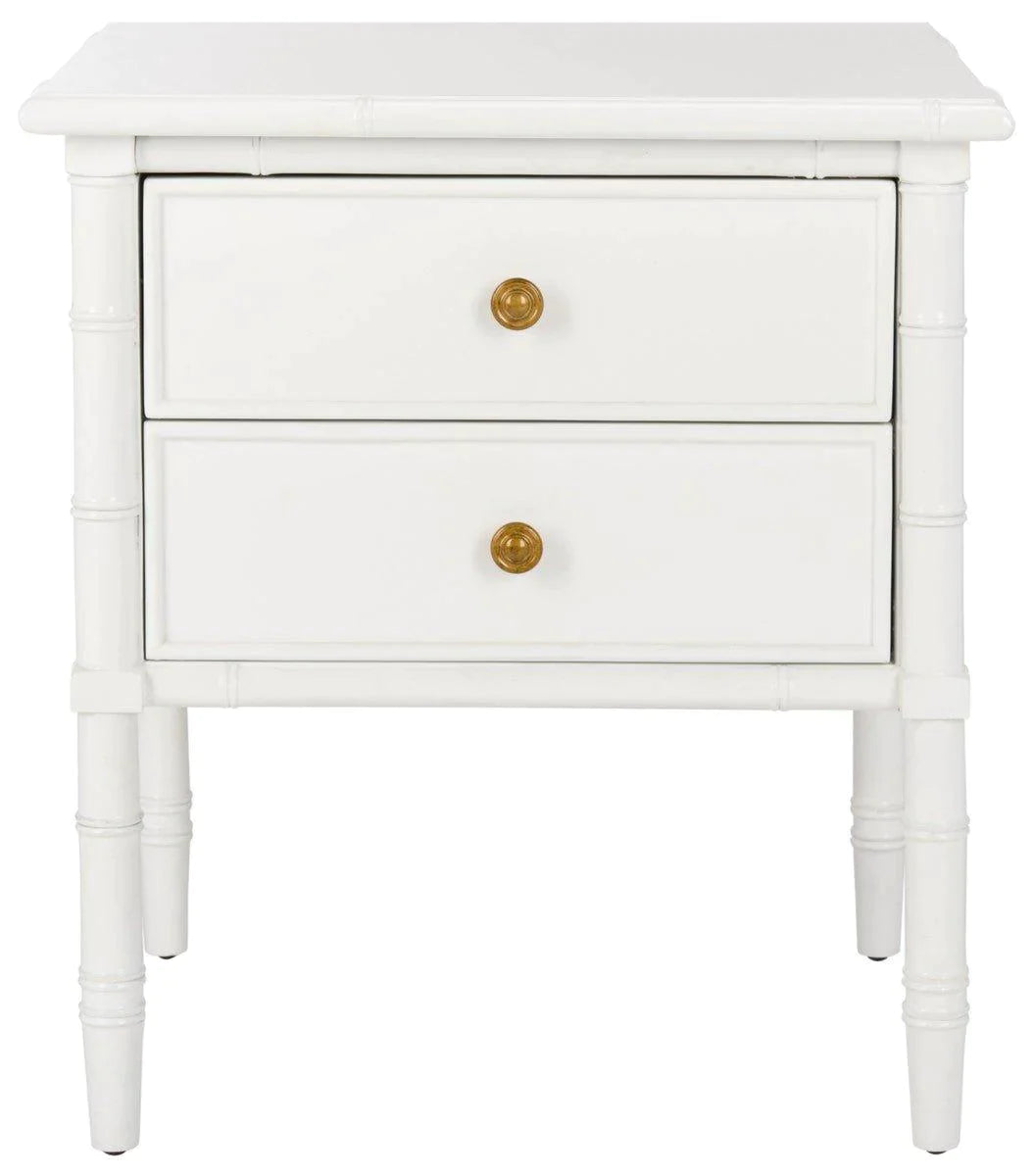 White Coastal Two-Drawer Bamboo Nightstand - Bedside Table for Bedroom, Living Room & Guest Room Decor
