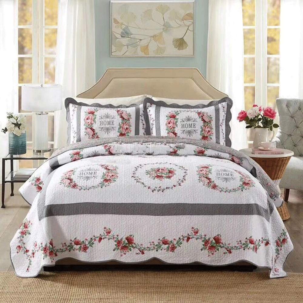 Premium 100% Cotton Quilted Bedspread Set - King Size 3-Piece Bedding with Exquisite Embroidery | All-Season Soft & Comfortable Blanket (230x250cm) + 2 Pillowcases (50x70cm) in Red | Perfect for Master Bedroom, Guest Room & Cozy Home Decor