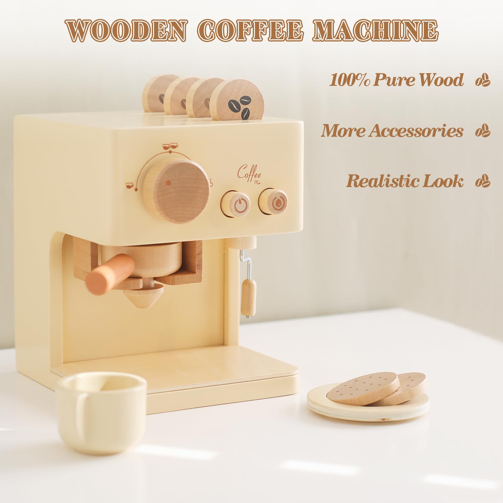 ibwaae Kids Coffee Maker Toy Set - 10Pcs Wooden Pretend Play Kitchen Accessories with Play Food for Toddlers | Pretend Barista & Cooking Role Play for Boys & Girls | Perfect for Birthday Gifts & Early Learning Development