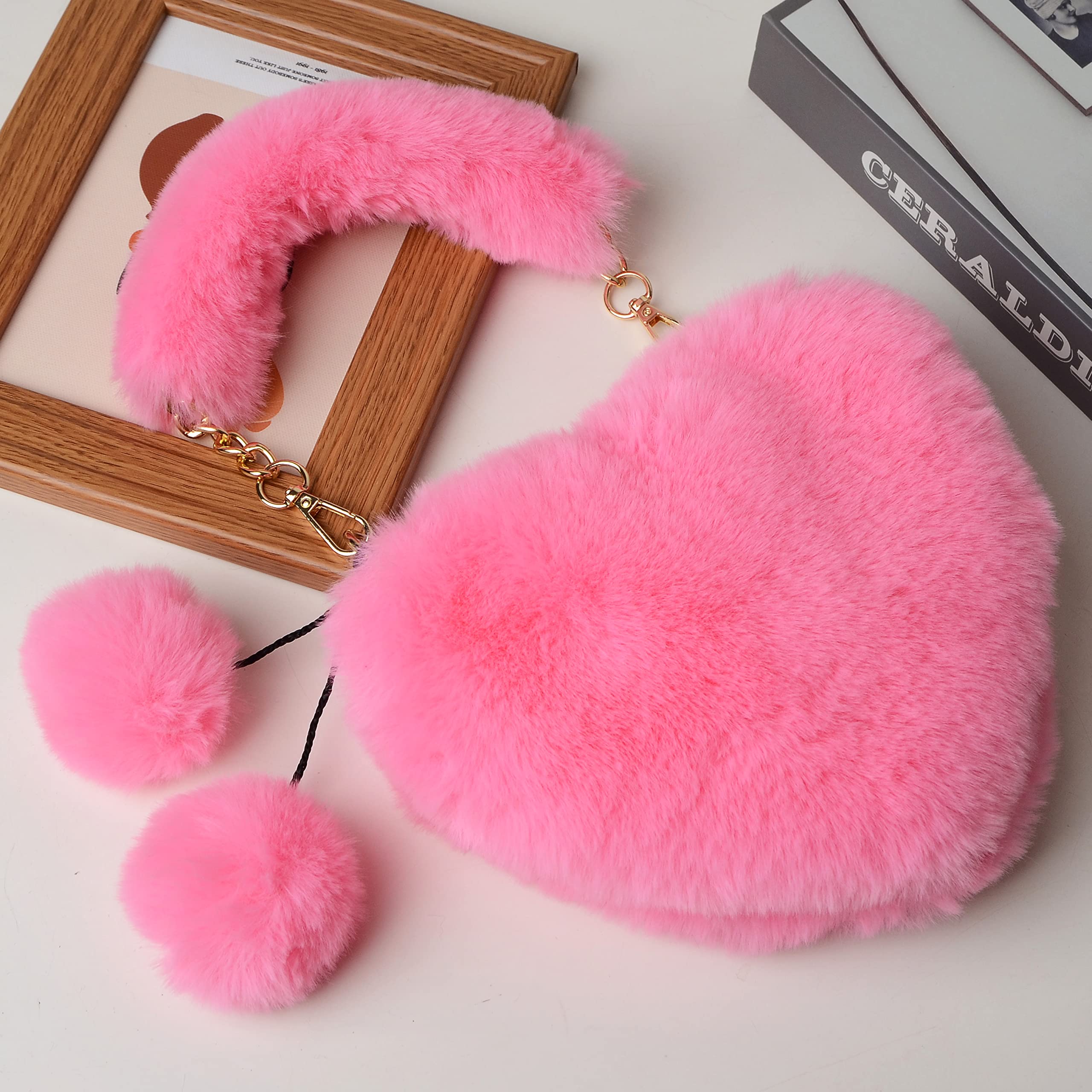 Rejolly Fluffy Faux Fur Heart Shaped Purse for Women & Girls - Soft Small Shoulder Bag Clutch Handbag for Parties, Dates & Everyday Use