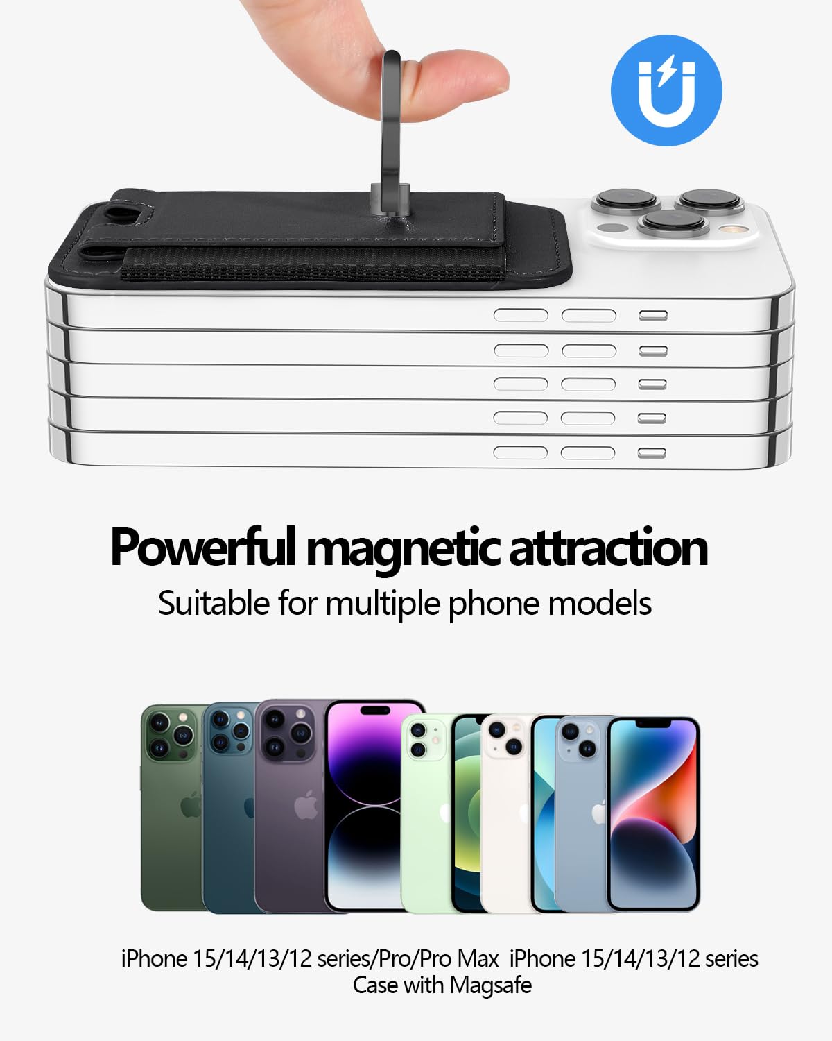 Miroddi Magnetic Wallet for iPhone 16/15/14/13/12 Series - Premium Leather Magsafe Card Holder with Grip & Ring Stand | Holds 6 Cards | RFID Blocking | Slim & Secure | Black | Perfect for Daily Commute, Travel & Hands-Free Use