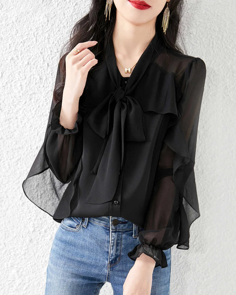 Elegant Silk Chiffon Ruffle Sleeve Blouse for Women - Flowy Boho Chic Top for Casual Wear, Office & Date Night Outfits