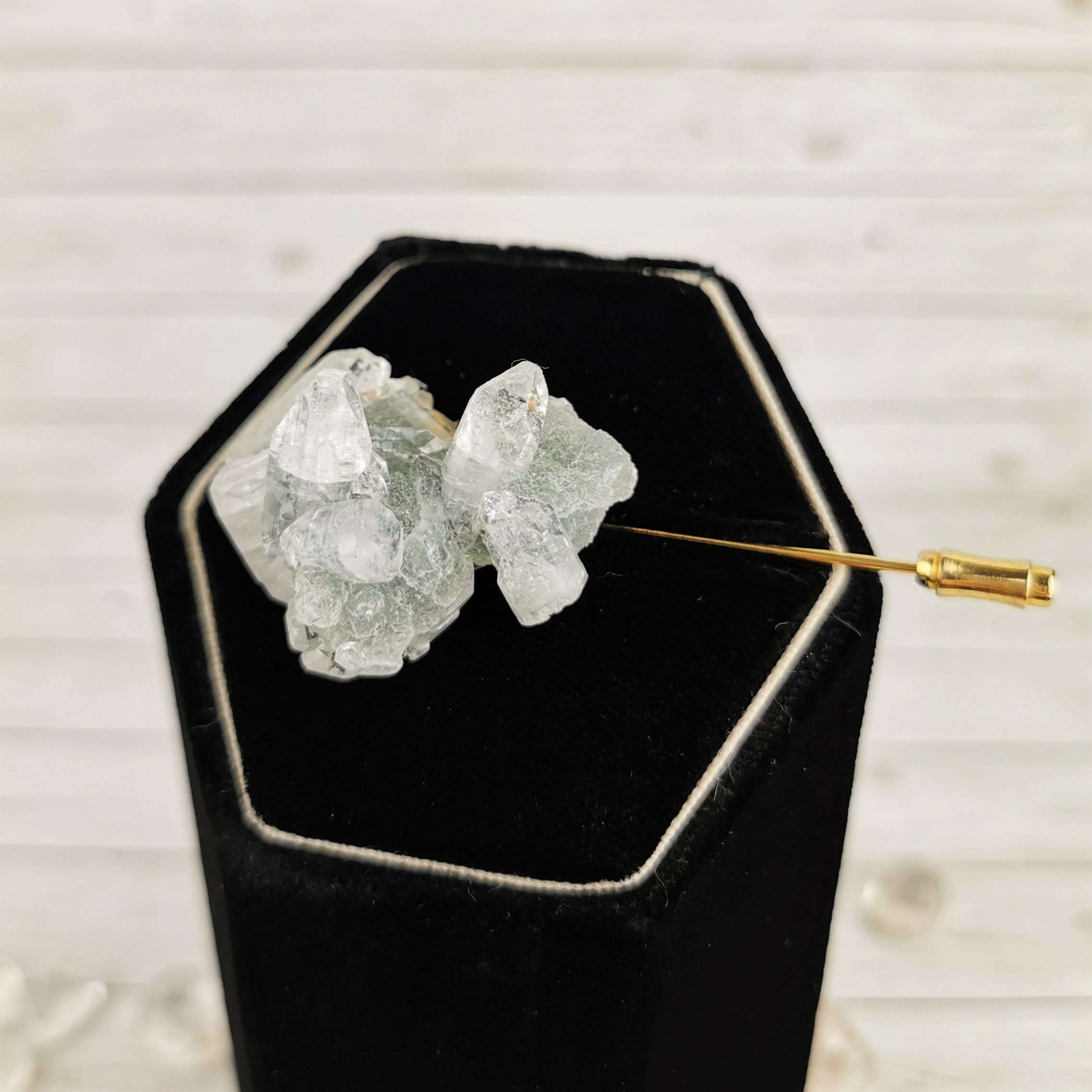 Natural Apophyllite Crystal Boutonniere Pin - Healing Stone for Men's Suits, Wedding, Prom & Formal Events