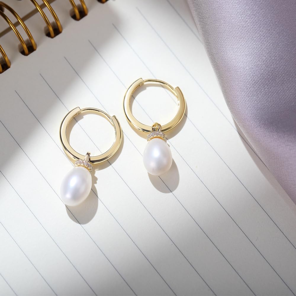 14K Gold Huggie Hoop Earrings for Women - Pearl Drop Dangle Earrings | Elegant Everyday Jewelry & Special Occasion Gift