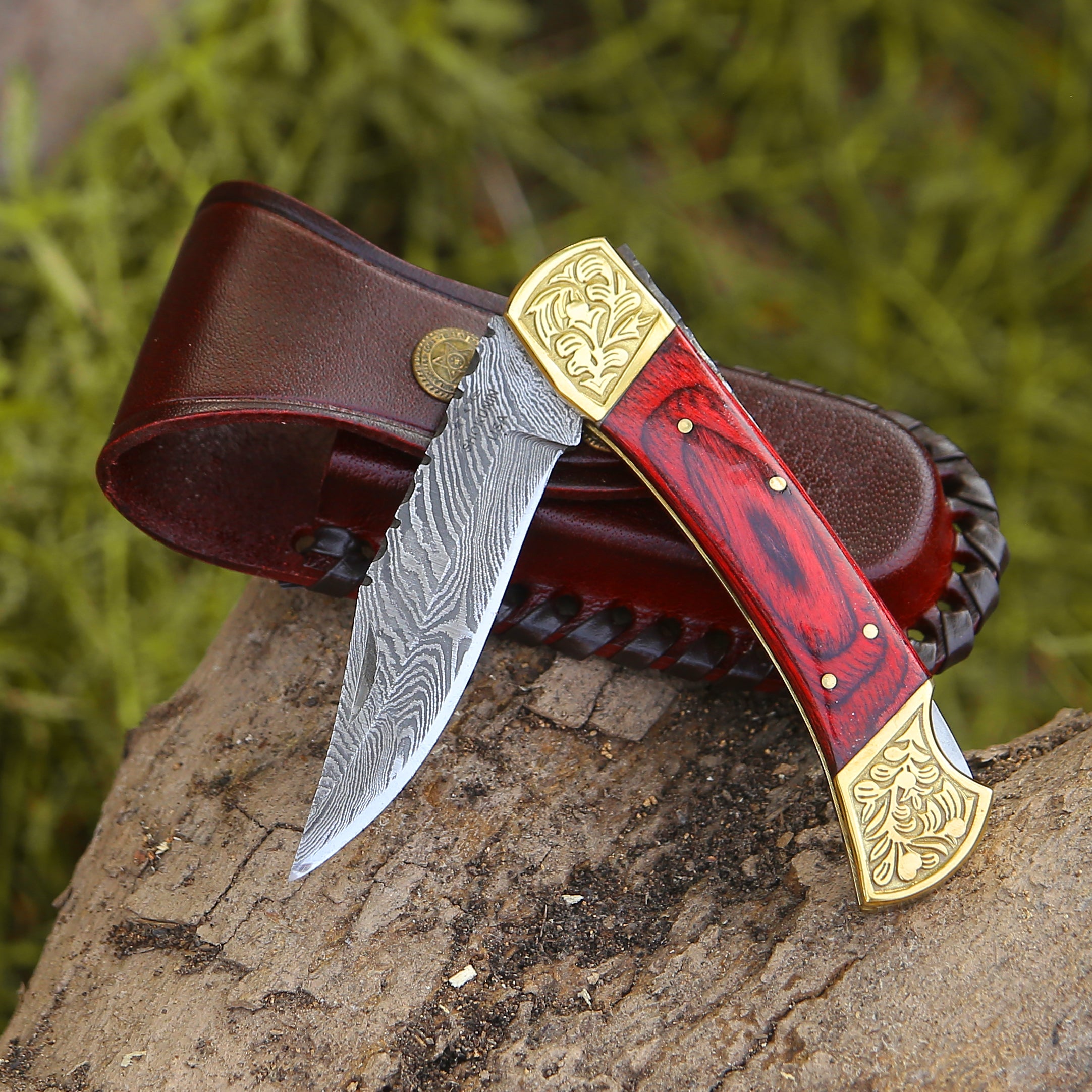 Premium Damascus Steel EDC Folding Knife - Handcrafted Utility Pocket Knife with Genuine Leather Sheath & Pakkawood Handle - Perfect for Camping, Hiking, Survival & Everyday Carry