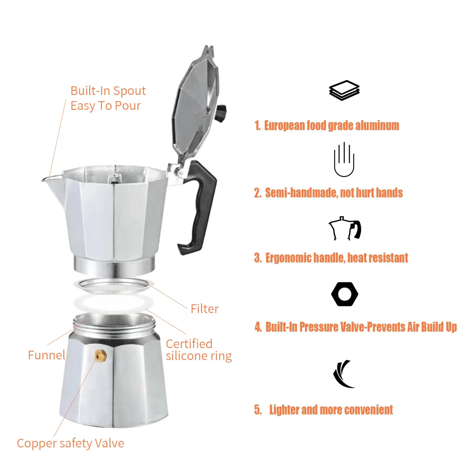 6 Cup Classic Moka Pot (9 oz) - Stovetop Espresso Maker in Aluminum Silver | Cuban Coffee Maker with Replacement Parts | Perfect for Home Brewing, Camping & Outdoor Adventures | Make Rich Espresso Coffee Easily