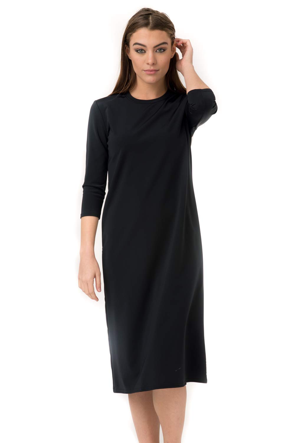 Women's 3/4 Sleeve Black Swim Dress with UPF 50+ Sun Protection - Plus Size Swim Cover Up for Beach, Pool & Vacation Wear