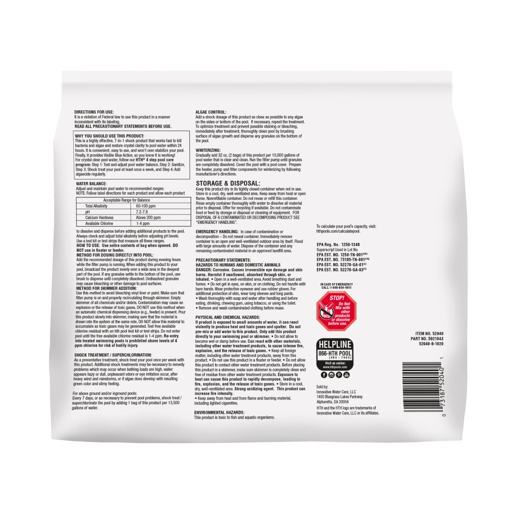 HTH 52040B Swimming Pool Shock Ultra - 6 Pack (1lb Each) | Fast-Acting Cal Hypo Pool Chemical for Crystal Clear Water | Ideal for Weekly Pool Maintenance & Algae Prevention