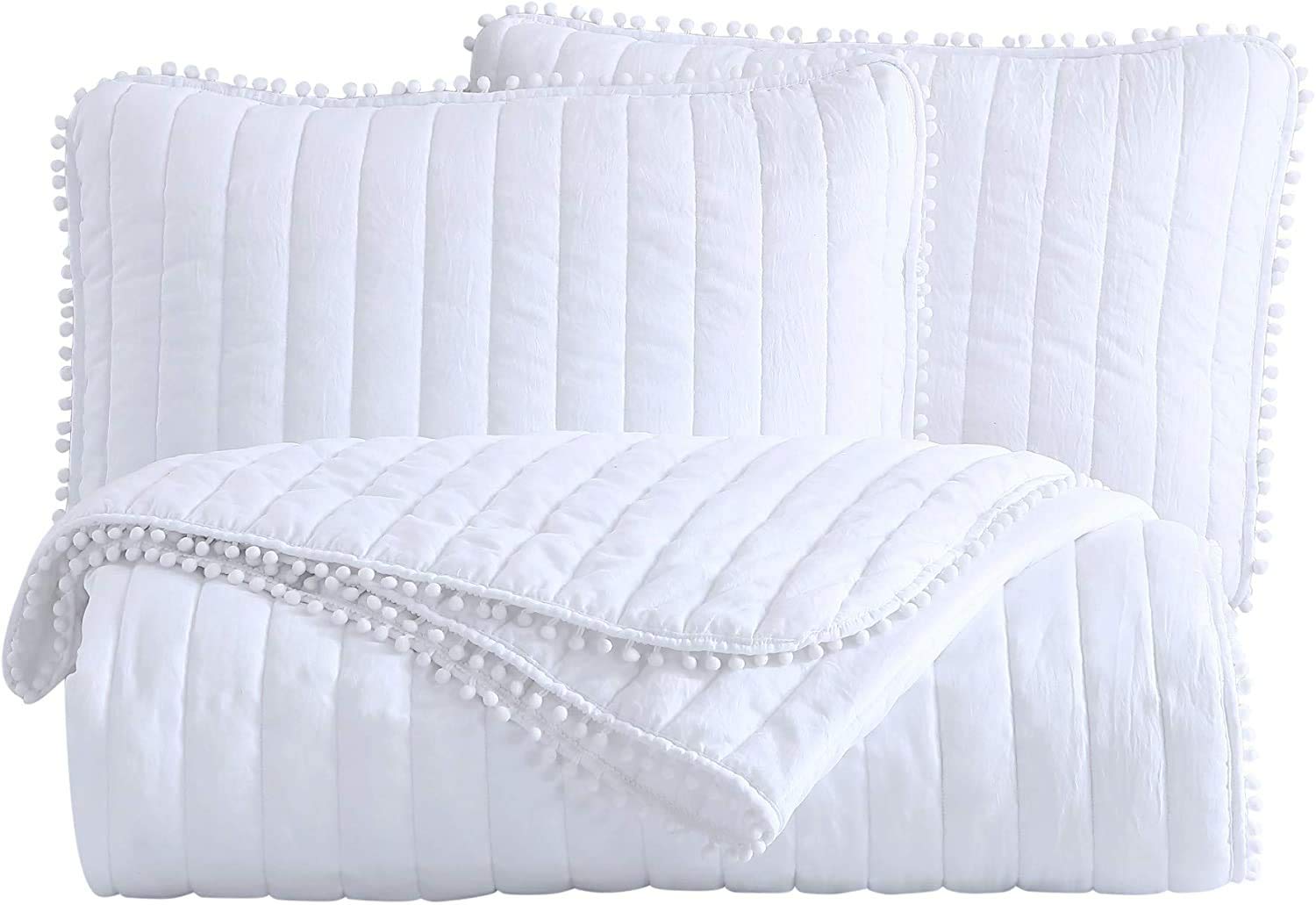 Chezmoi Collection Iris 2-Piece White Pom Pom Quilt Set - Twin Size Ball Fringe Channel Stitch Quilted Bedspread & Washed Microfiber Coverlet | Soft & Cozy Bedding for Girls Room, Guest Bedroom & Dorm Decor