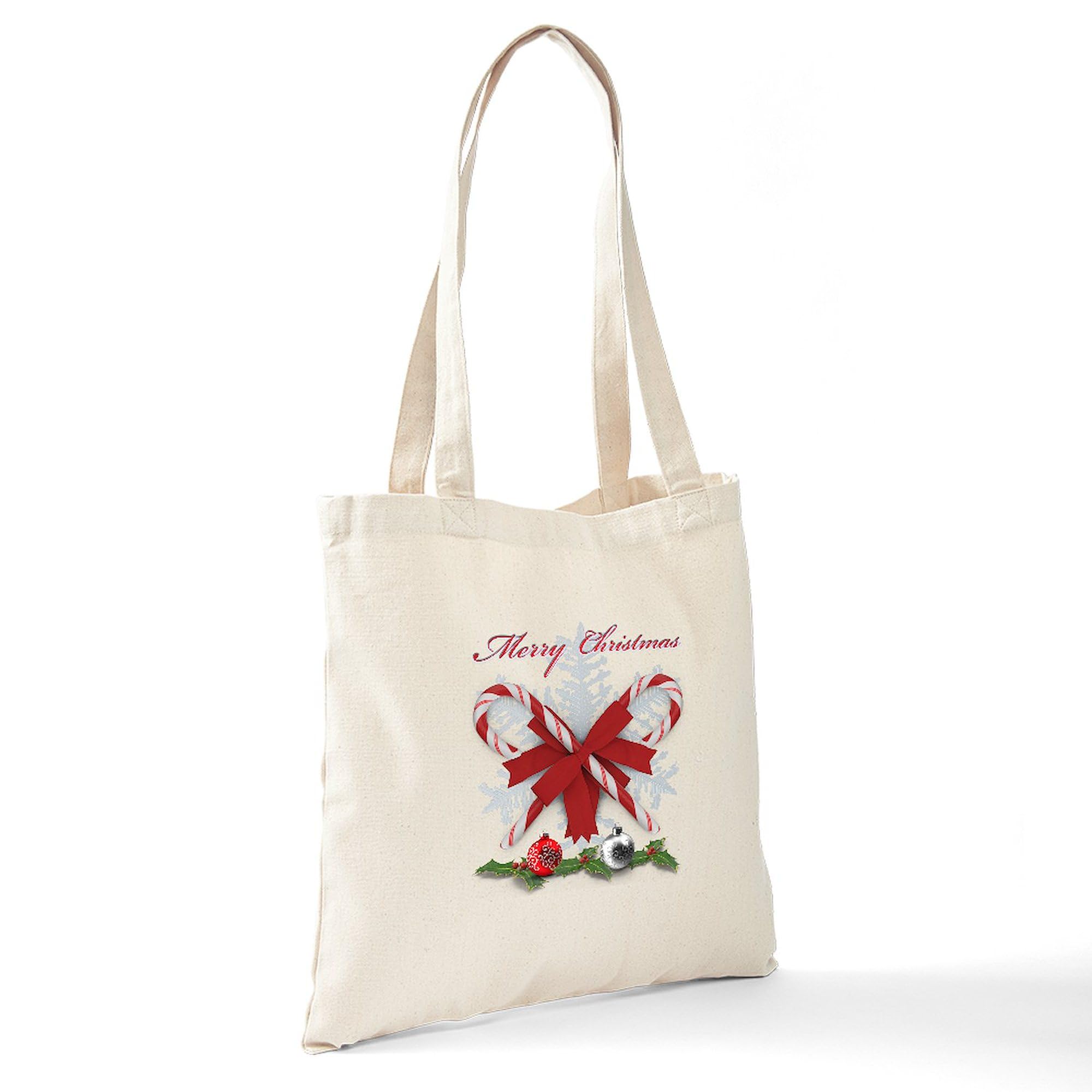 Candy Canes Merry Christmas Tote Bag - Natural Canvas Reusable Shopping Bag for Holiday Gifts, Groceries & Festive Outings