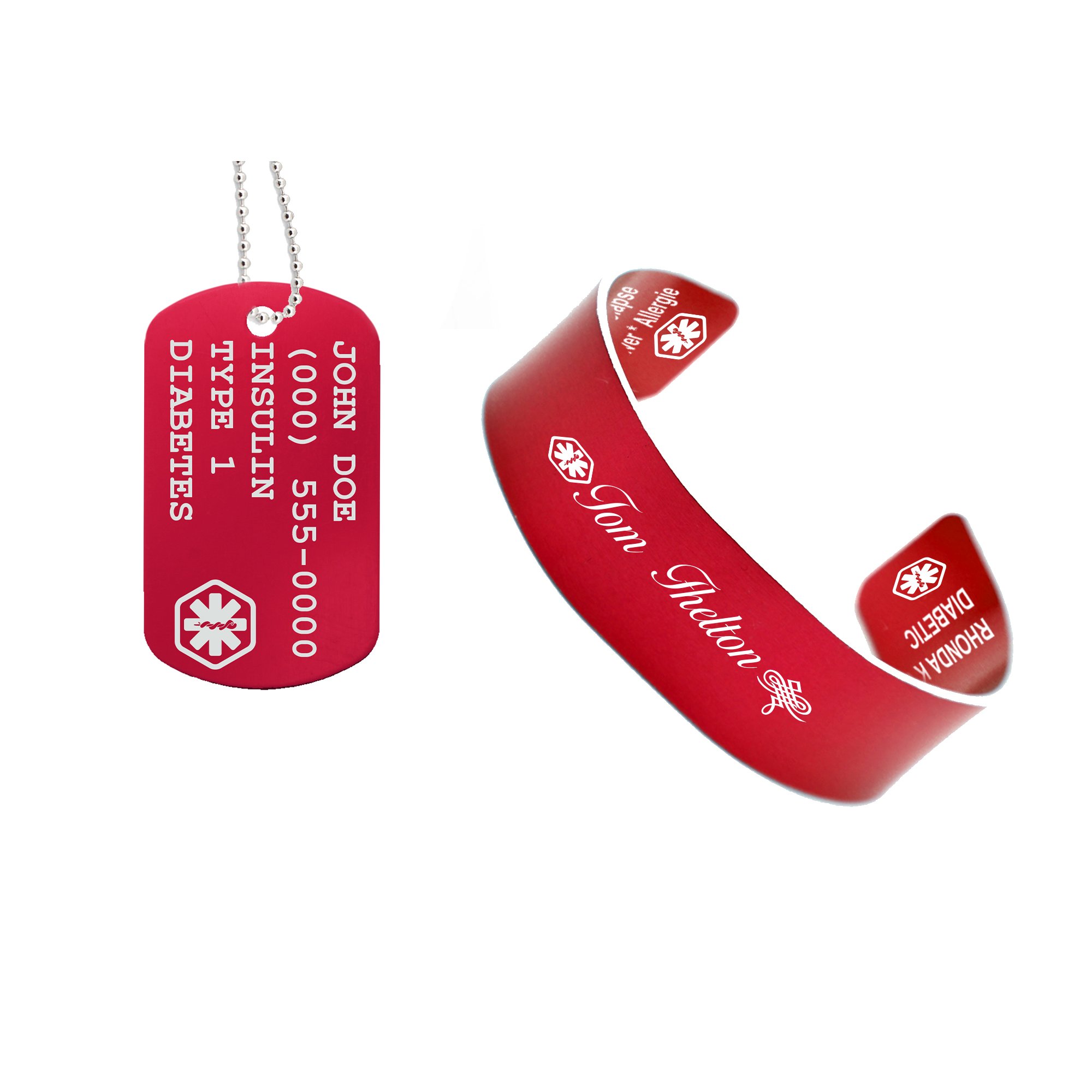 Personalized Medical Alert ID Bracelet & Dog Tag - Custom Engraved Aluminum Cuff in Red, Black, Blue (Red, 7.5