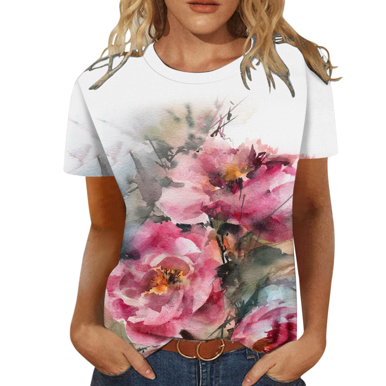 Women's Floral Print Crewneck T-Shirt & Workout Tank Top - Casual Fit Tunic Blouse for Summer & Fall | Gym, Yoga, Beach & Everyday Wear