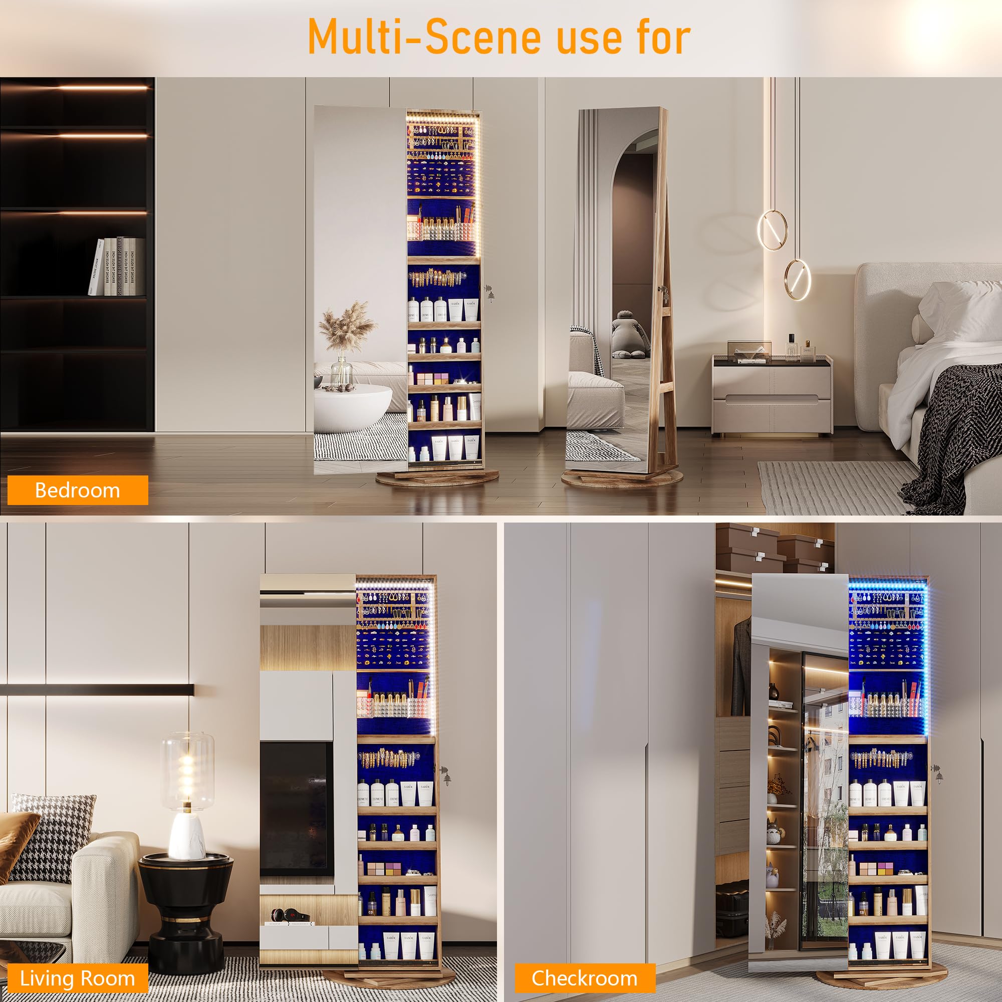 360° Swivel Jewelry Mirror Cabinet with LED Lights - 63