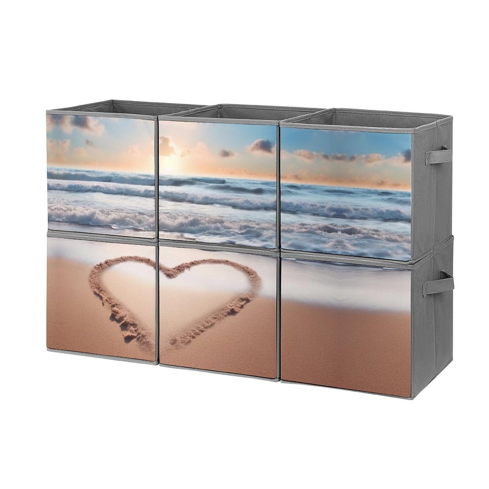 6-Pack Heart Shaped Collapsible Storage Bins with Handles - Romantic Beach Themed Foldable Storage Baskets for Closet, Bedroom & Bathroom Organization - Large Fabric Storage Cubes for Clothes, Toys & Home Decor