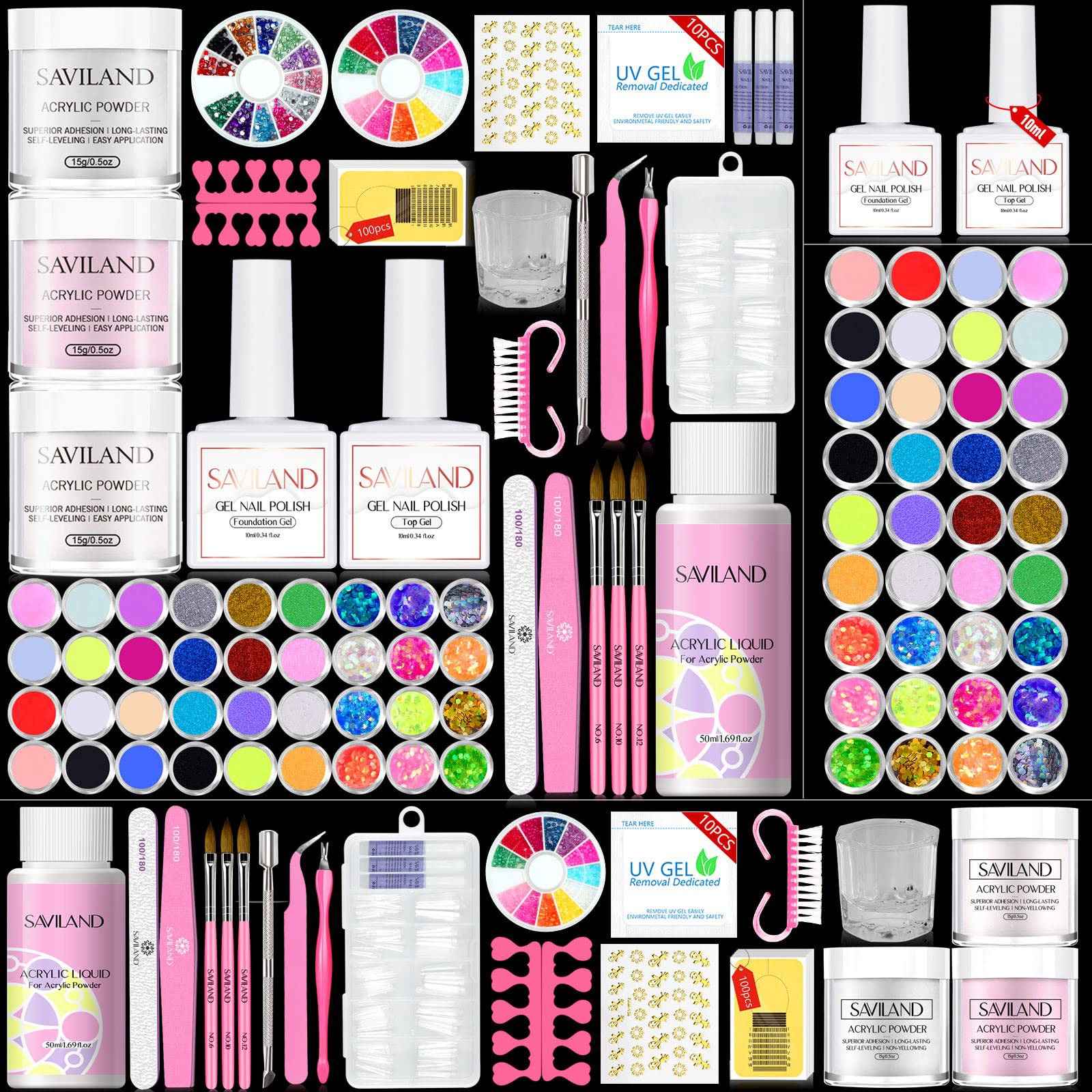 Saviland Professional Acrylic Nail Kit - Complete DIY Nail Extension Set with Acrylic Powder, Liquid Monomer, Nail Brushes & Base/Top Gel - Perfect for Salon-Quality Manicures at Home, Nail Art & Acrylic Overlay Applications