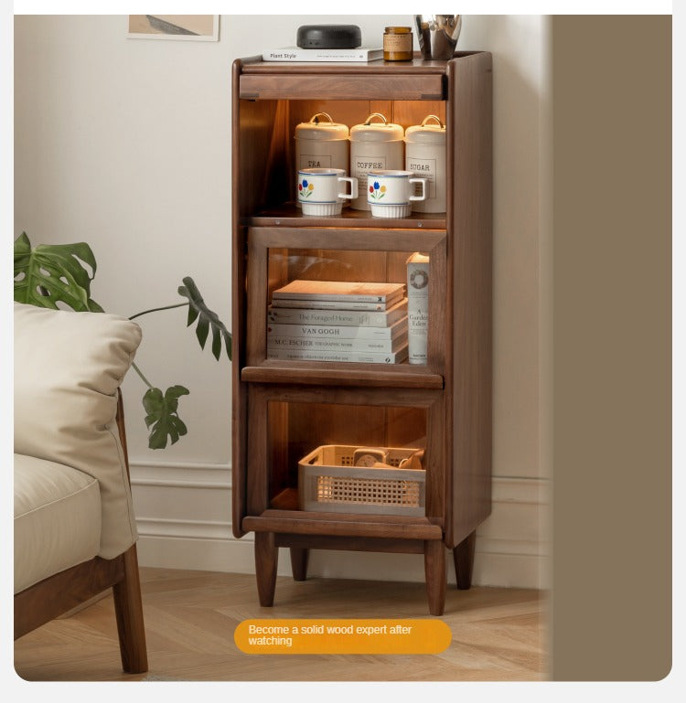 Solid Black Walnut & Oak Wood Glass Flip Door Display Cabinet with LED Lights - Perfect for Living Room, Bedroom & Office Storage & Display