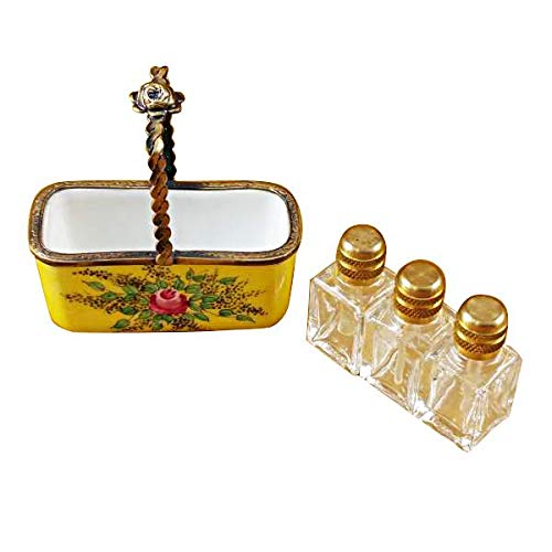 Yellow Basket with 3 Bottles - French Limoges Porcelain Boxes - Collectible Figurines & Unique Gift Ideas for Home Decor, Wedding Favors, and Special Occasions