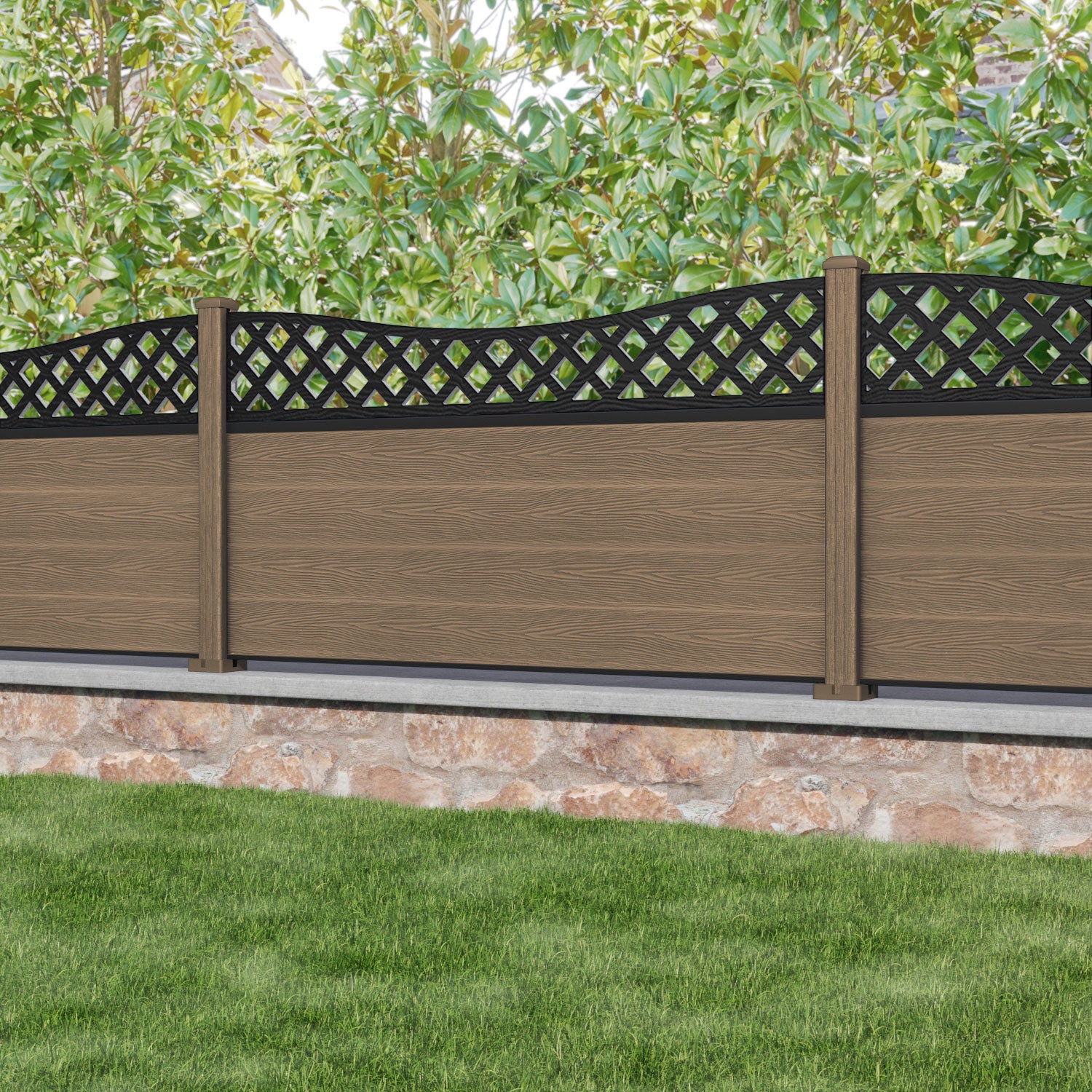 Classic Low Wave Fence Panel - Premium Teak Wood with Composite Posts for Garden, Patio & Backyard Privacy Fencing