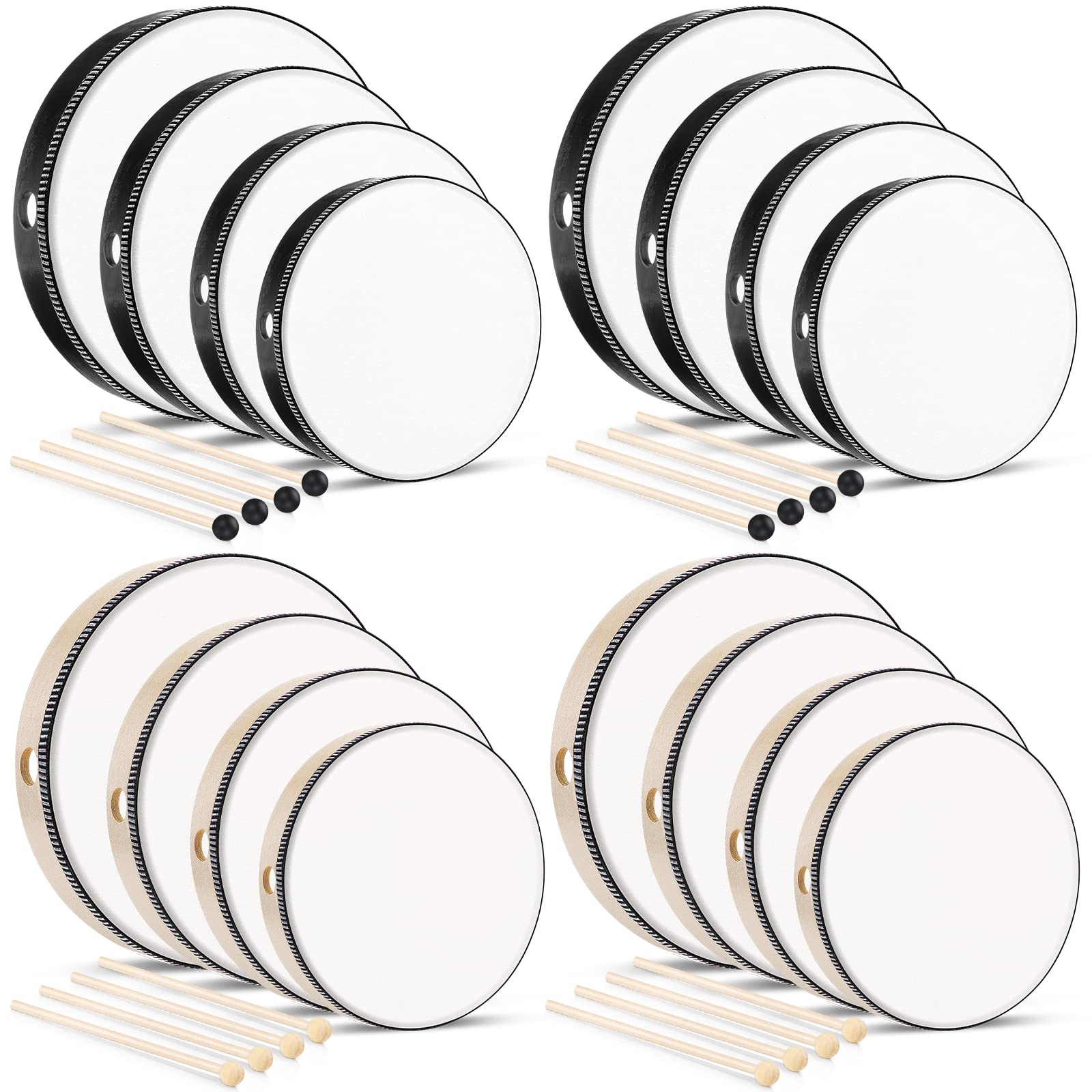 16 Pcs Kids Hand Drums Set - Wooden Frame Drum with Drumsticks (12