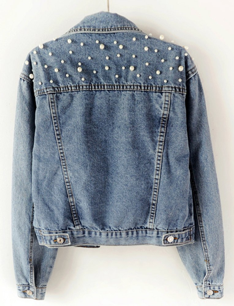 LifeShe Women's Embroidered Pearl Denim Jacket - Stylish Distressed Denim Coat with Pearl Accents for Casual Outfits & Spring Fashion