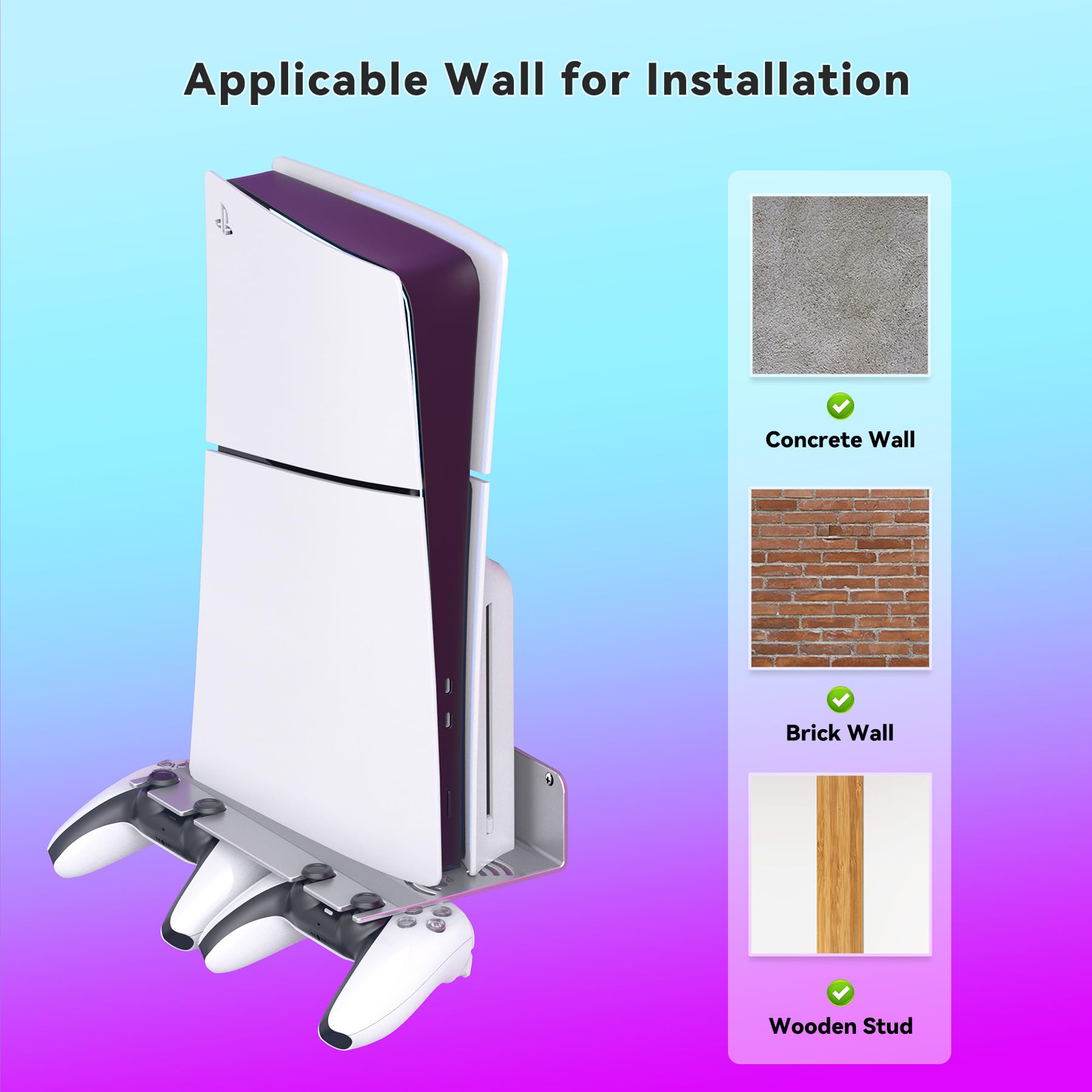 PS5 Slim/Pro/Original Wall Mount Kit - Aluminum Space-Saving Wall Stand for All PS5 Models & Controllers | Enhanced Heat Dissipation | Silver Finish | Perfect for Gaming Rooms & Small Spaces