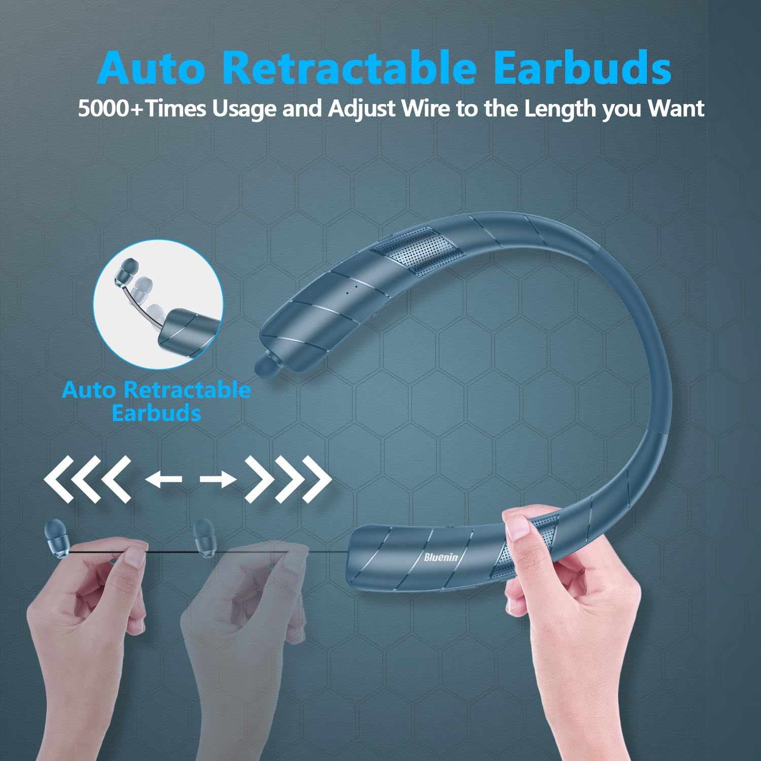 Gardway Bluetooth Headphones Speaker 2 in 1 - Wireless Neckband Headset with Retractable Earbuds, 3D Stereo Sound, Sweatproof Design, Wearable Speaker (Blue) BBH-938 - Perfect for Gym, Running, Travel & Outdoor Activities