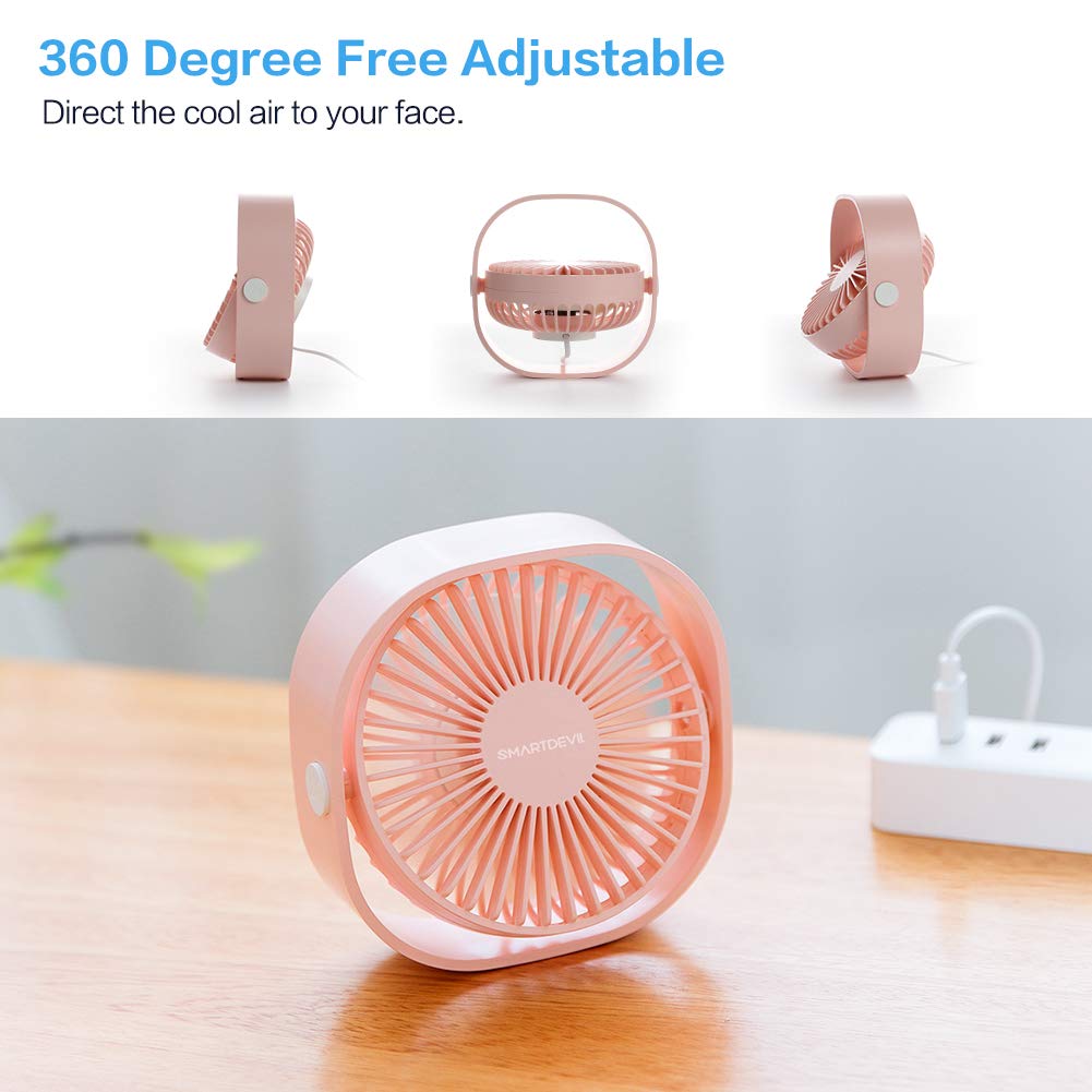SmartDevil Mini USB Desk Fan - 3 Speed Adjustable, Strong & Quiet Cooling Fan for Home, Office, Car & Travel - Portable USB Powered Desktop Fan (Pink) - Perfect for Work Desks, Bedside Tables & Outdoor Adventures
