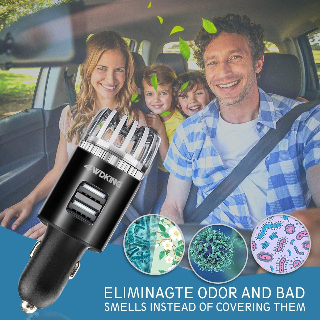 4WDKING Car Air Purifier Ionizer with Dual USB Charger - 12V Plug-in Air Freshener Eliminates Smoke, Pet & Food Odors - Ionic Ozone Technology (Black) | Perfect for Cars, Trucks & RVs to Keep Air Fresh & Clean