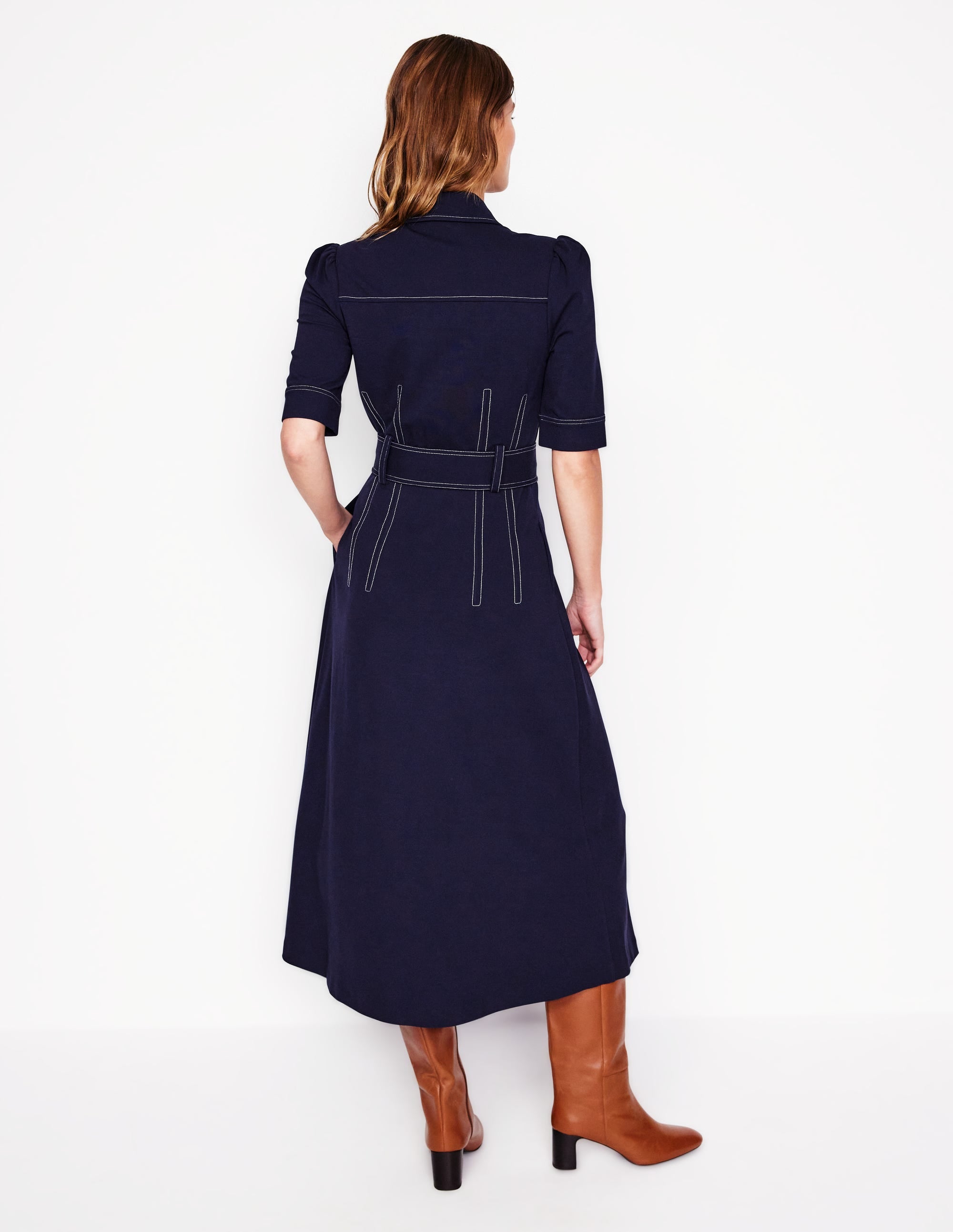 Anita Ponte Shirt Dress for Women - Navy Blue Stretch Knit Wrap Dress - Perfect for Office, Date Night & Casual Outings