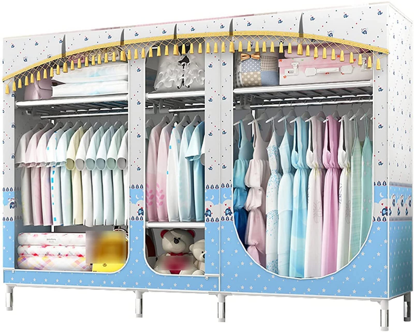 Portable Fabric Wardrobe Closet Organizer - Hanging Clothes Storage with Partition & Stable Rail - Easy Assemble (168x210x45cm) for Girls Bedroom, Dorm, Travel & Small Space Organization