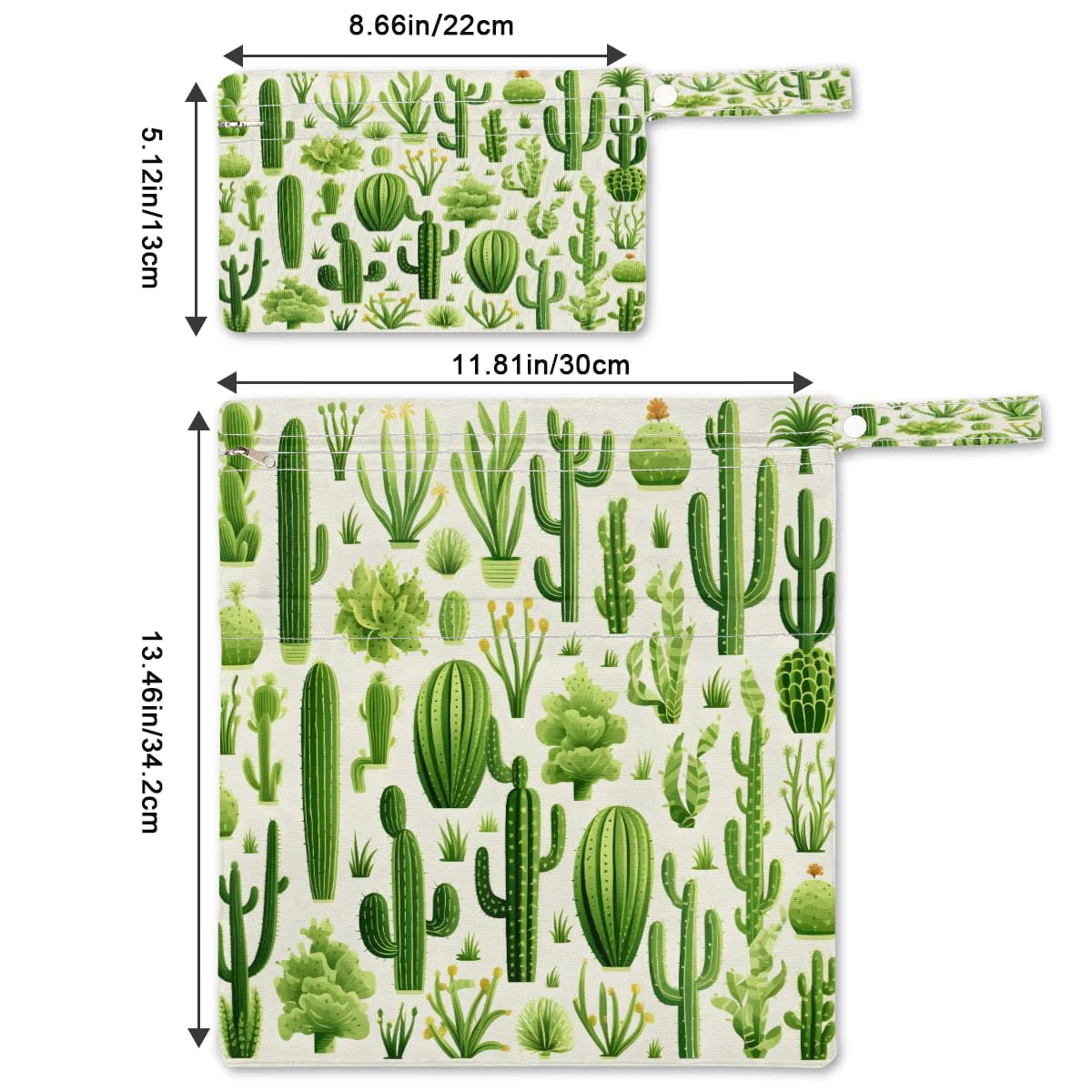 Waterproof Green Cactus Wet Dry Bag 2-Pack - Reusable Travel Laundry Bag, Swimsuit Storage & Cloth Diaper Organizer for Beach, Pool, Gym, Yoga - Ideal for Swimming, Baby Care & Sports Activities