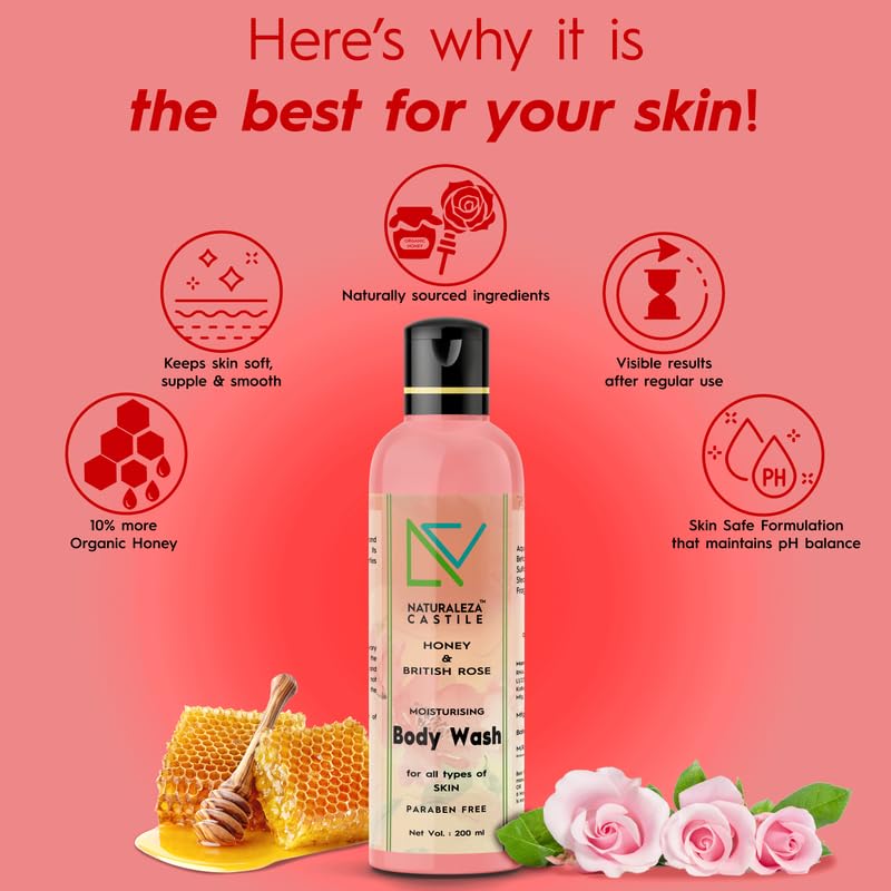NATURALEZA CASTILE Honey & British Rose Moisturizing Body Wash - 200ml Shower Gel for Soft, Smooth Skin - Women & Men - Perfect for Daily Hydration & Relaxing Bath Time