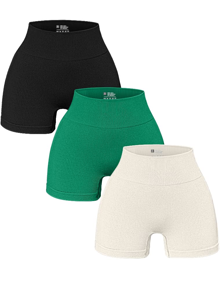 OQQ Women's 3-Piece Yoga Set - Ribbed Seamless High Waist Workout Leggings & Shorts for Yoga, Gym, Running & Lounge Wear
